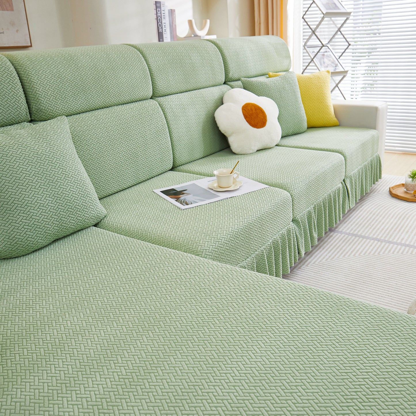 Tailored Sofa Cushion Covers Stretch Couch Seat Covers with Skirt for Sectional Sofas in elegant green design