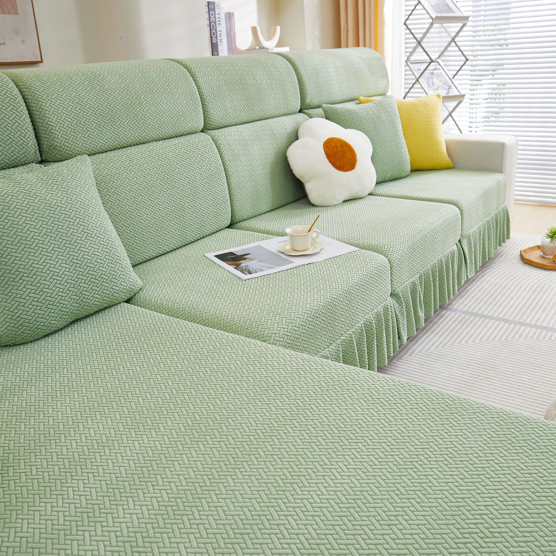 Tailored Sofa Cushion Covers Stretch Couch Seat Covers with Skirt for Sectional Sofas in elegant green design