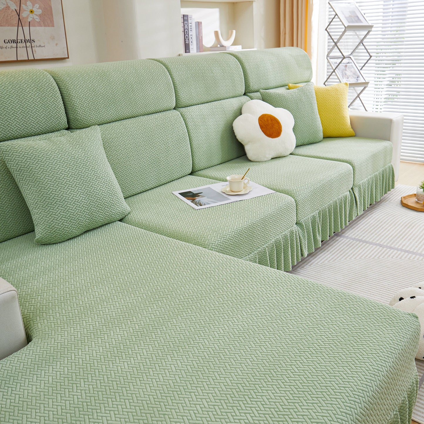 Tailored Sofa Cushion Covers Stretch Couch Seat Covers with Skirt for Sectional Sofas in green fabric, enhancing living room décor.