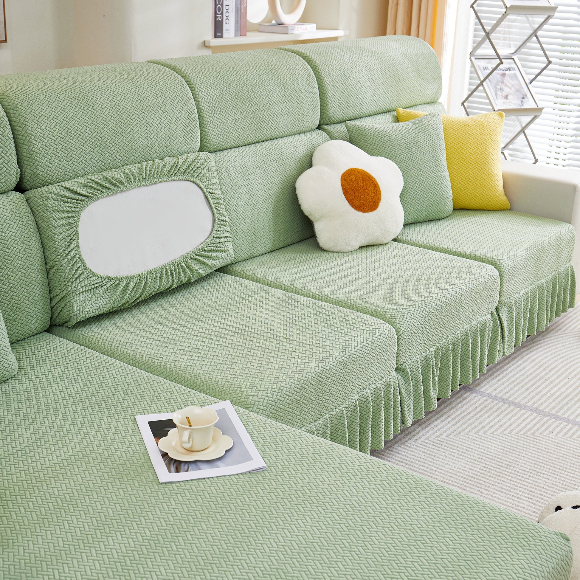Tailored Sofa Cushion Covers Stretch Couch Seat Covers with Skirt for Sectional Sofas in green with flower cushion.