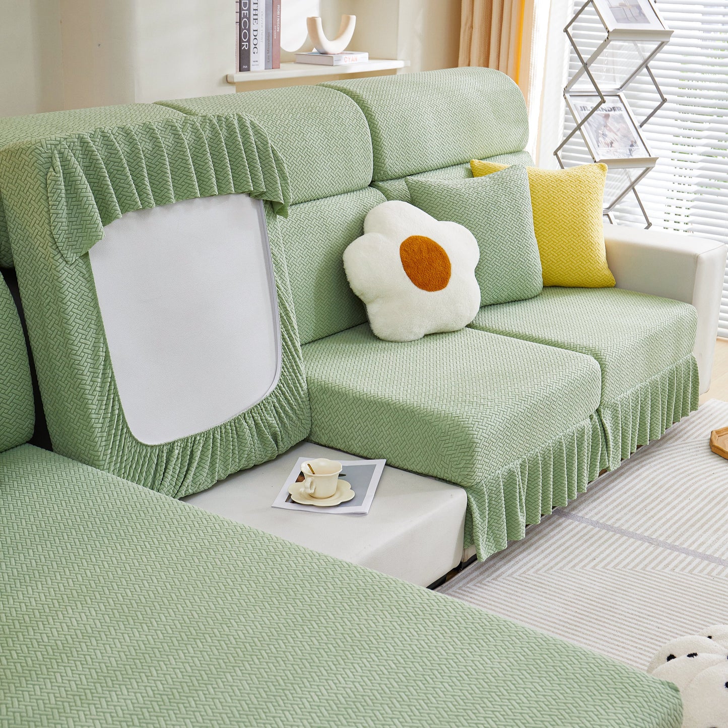 Tailored Sofa Cushion Covers Stretch Couch Seat Covers with Skirt for Sectional Sofas in modern living room setting