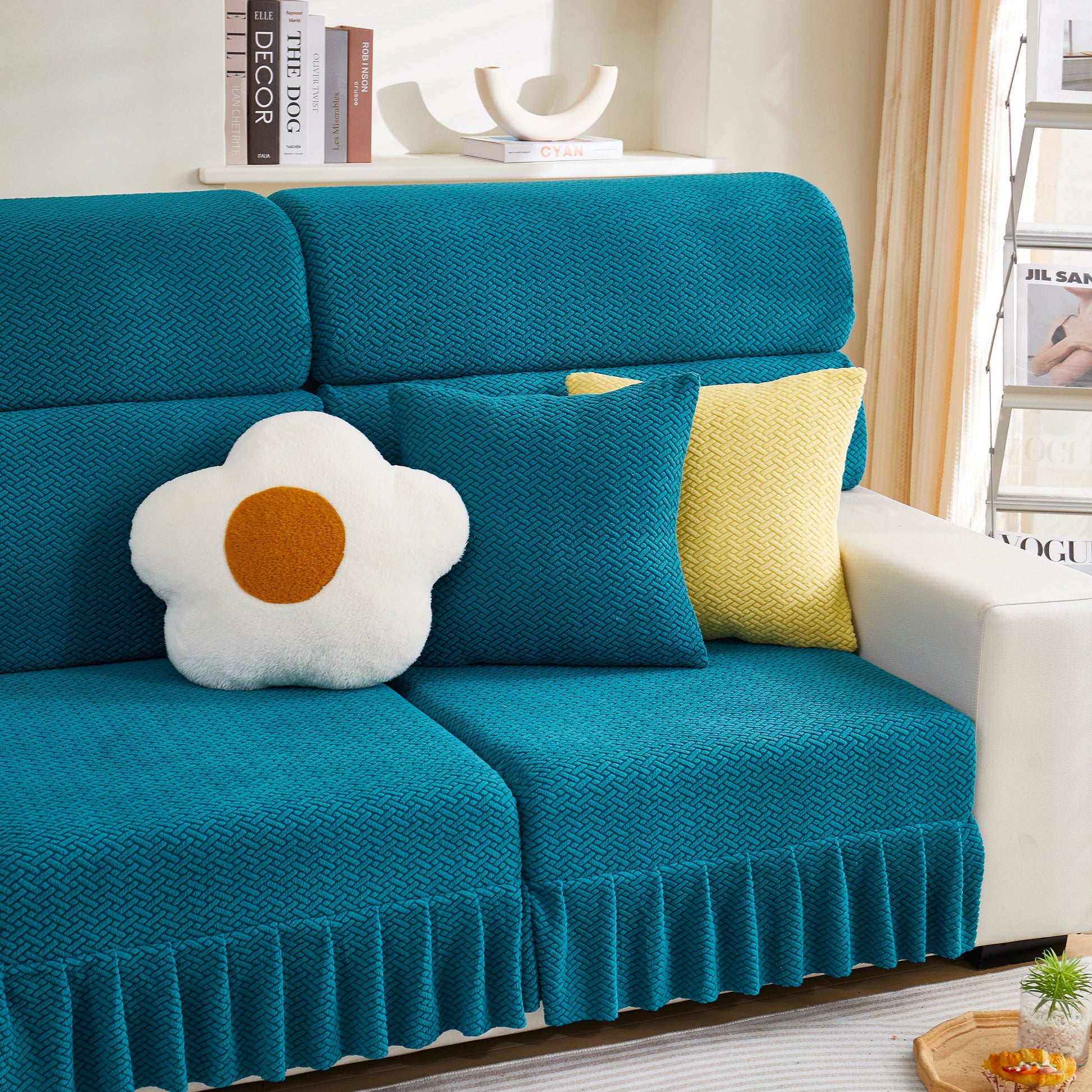 Tailored Sofa Cushion Covers Stretch Couch Seat Covers with Skirt for Sectional Sofas in teal