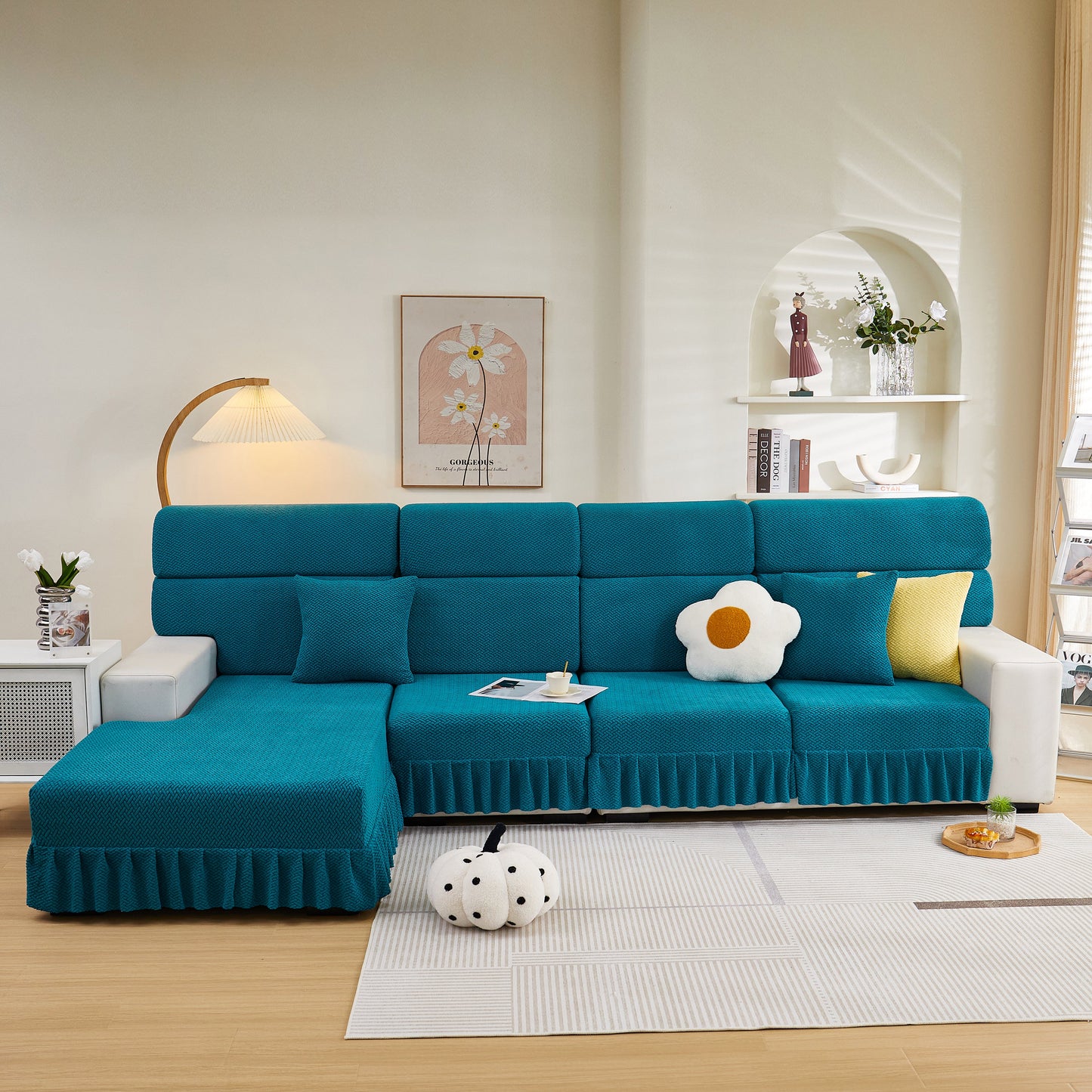 Tailored Sofa Cushion Covers Stretch Couch Seat Covers with Skirt for Sectional Sofas in living room setting.