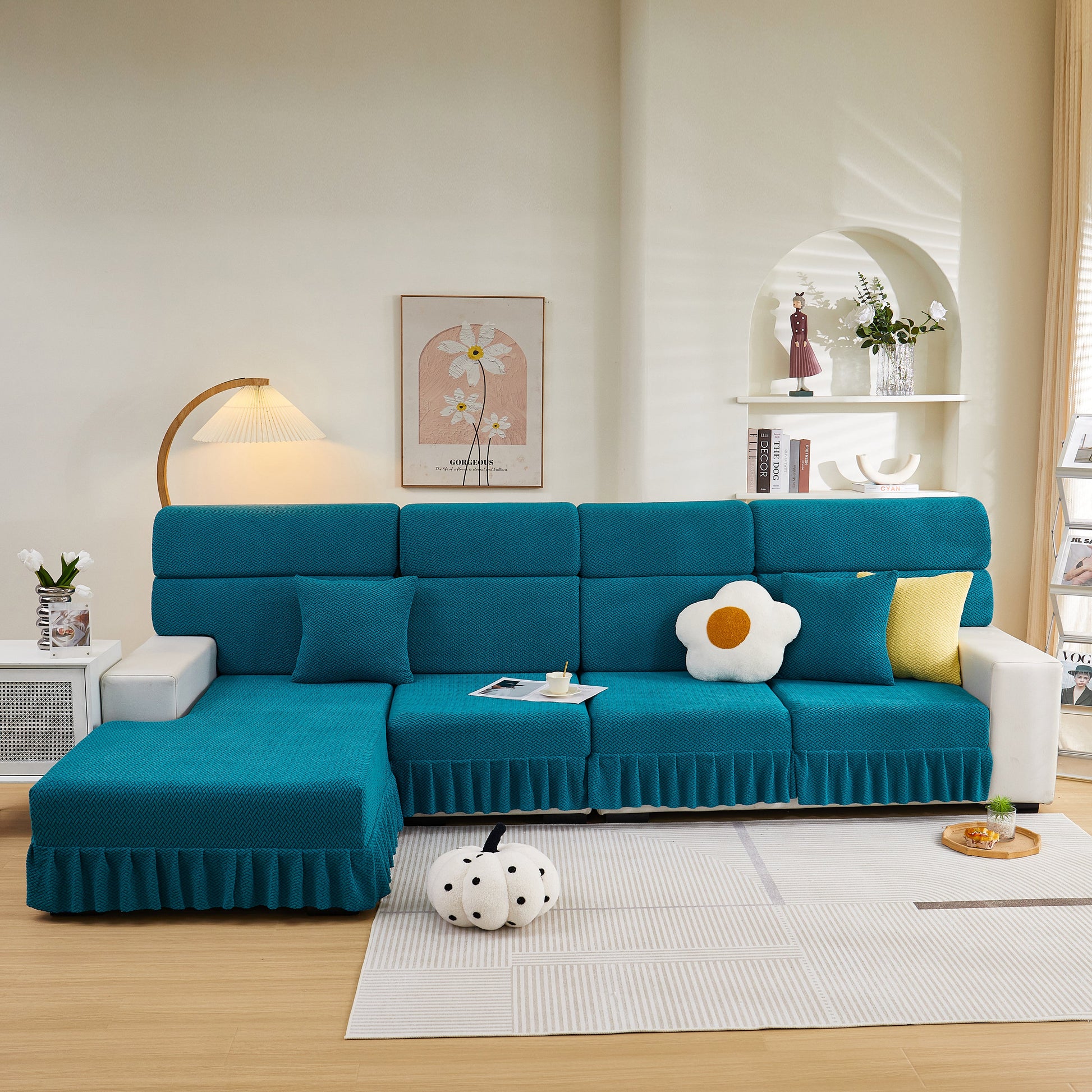 Tailored Sofa Cushion Covers Stretch Couch Seat Covers with Skirt for Sectional Sofas in living room setting.