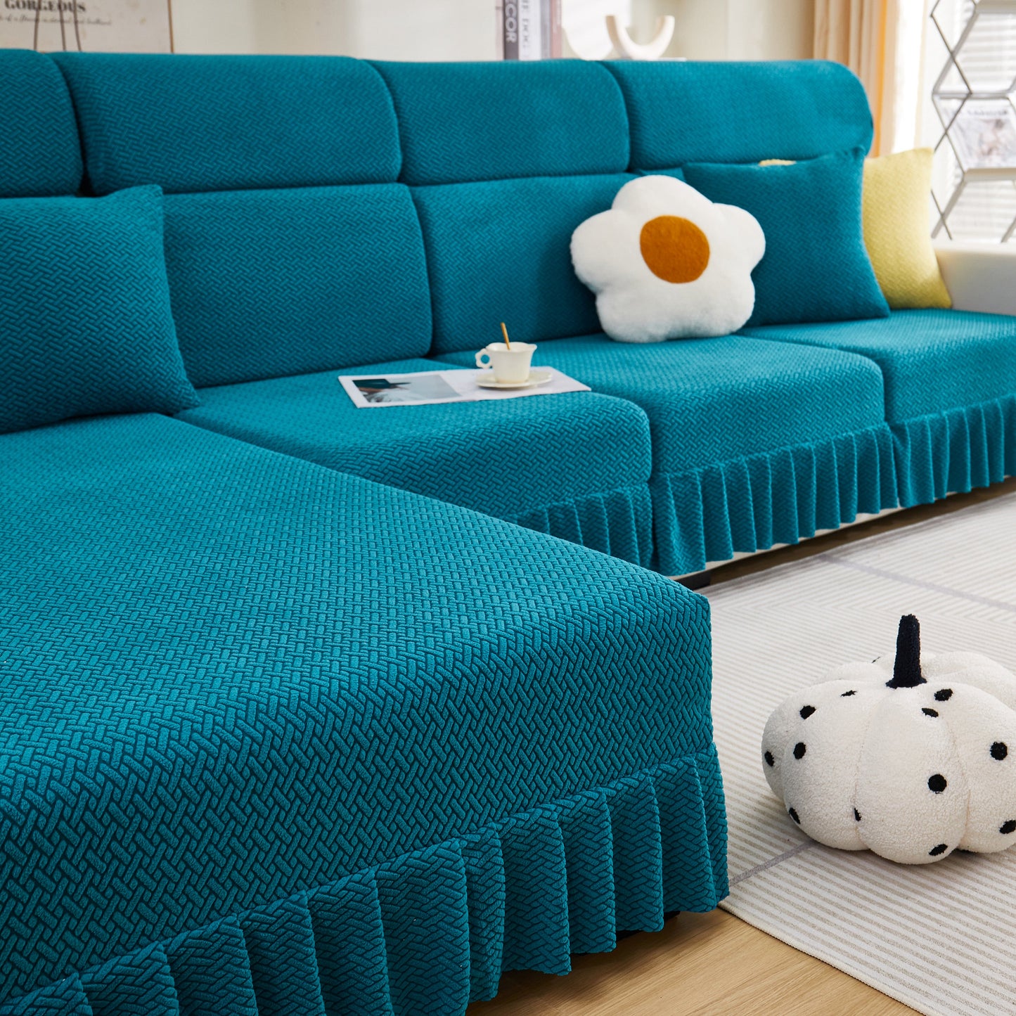 Elegant teal sectional sofa with Tailored Sofa Cushion Covers Stretch Couch Seat Covers with Skirt for Sectional Sofas by Slipcover KAS