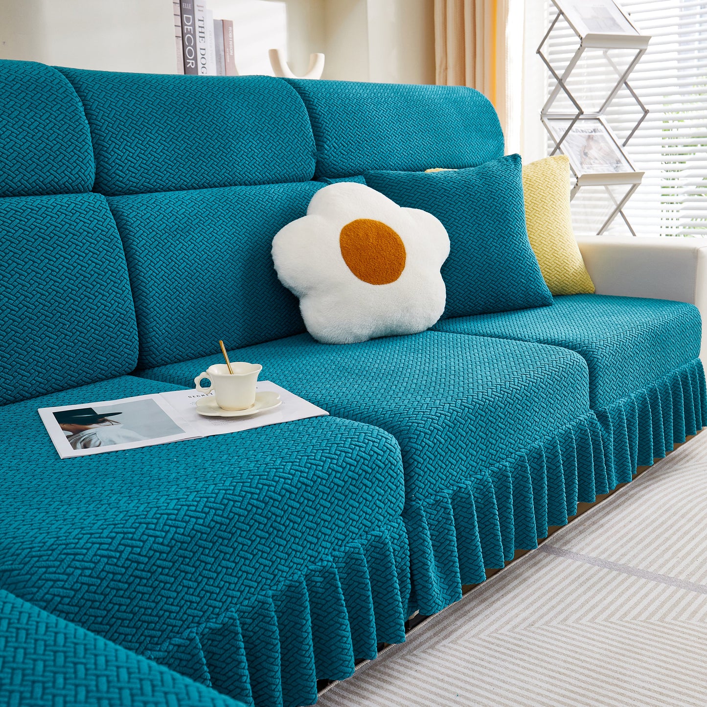 Tailored Sofa Cushion Covers Stretch Couch Seat Covers with Skirt for Sectional Sofas in teal with decorative pillows