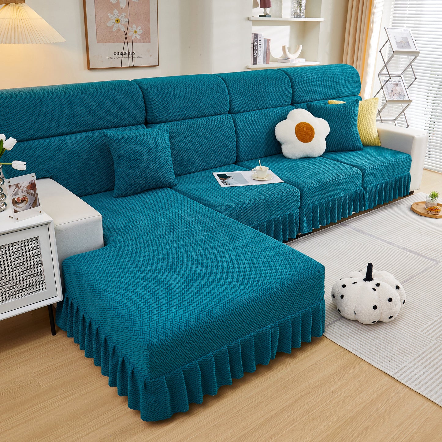 Tailored Sofa Cushion Covers Stretch Couch Seat Covers with Skirt for Sectional Sofas in teal, enhancing modern living room decor.