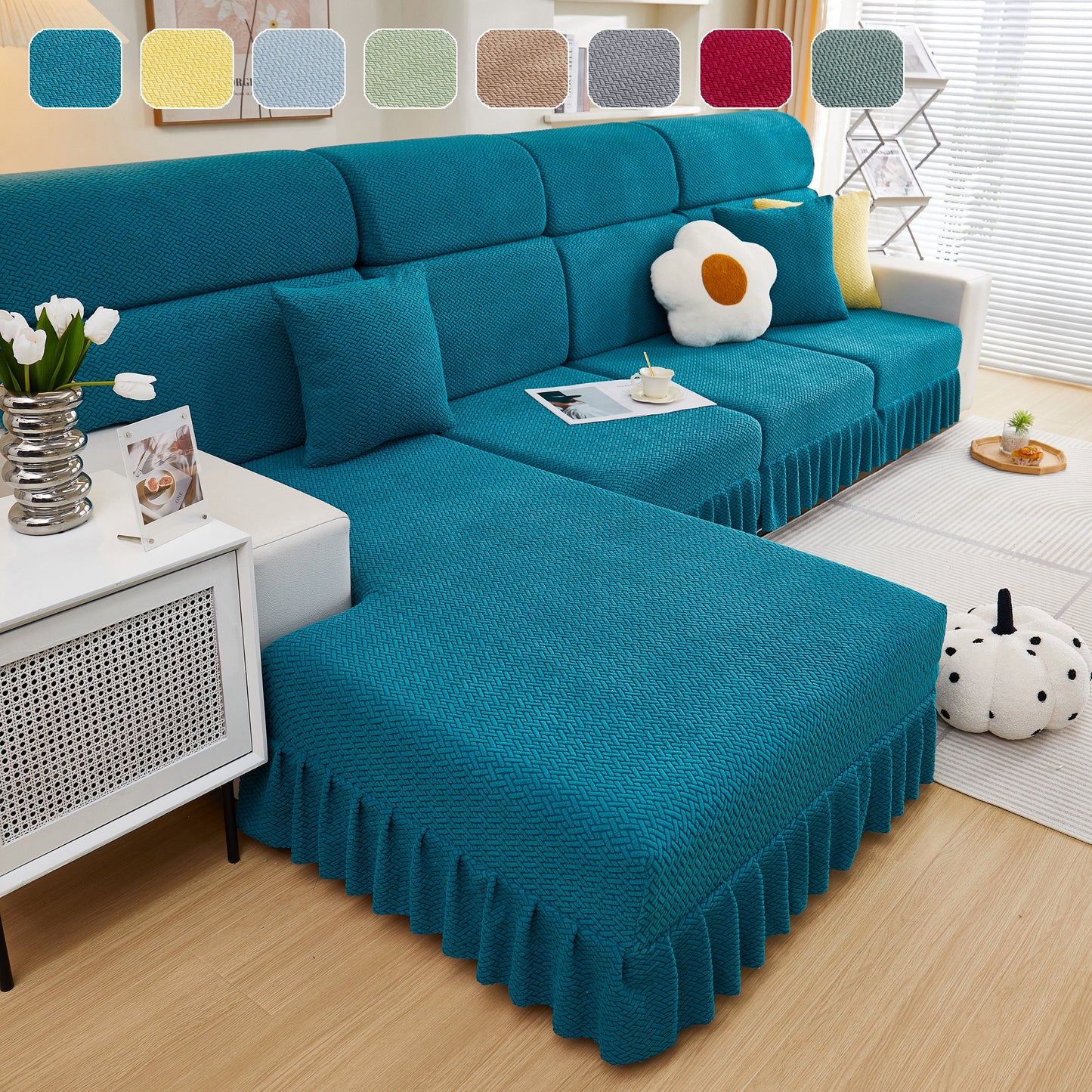 Tailored Sofa Cushion Covers Stretch Couch Seat Covers with Skirt for Sectional Sofas in teal displayed on a modern sectional sofa.