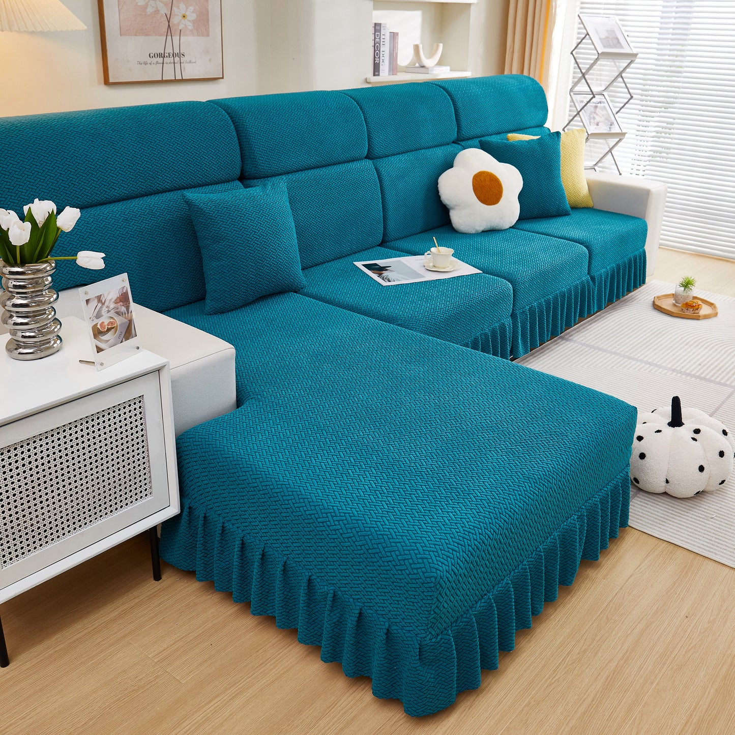 Tailored Sofa Cushion Covers Stretch Couch Seat Covers with Skirt for Sectional Sofas in a living room setting
