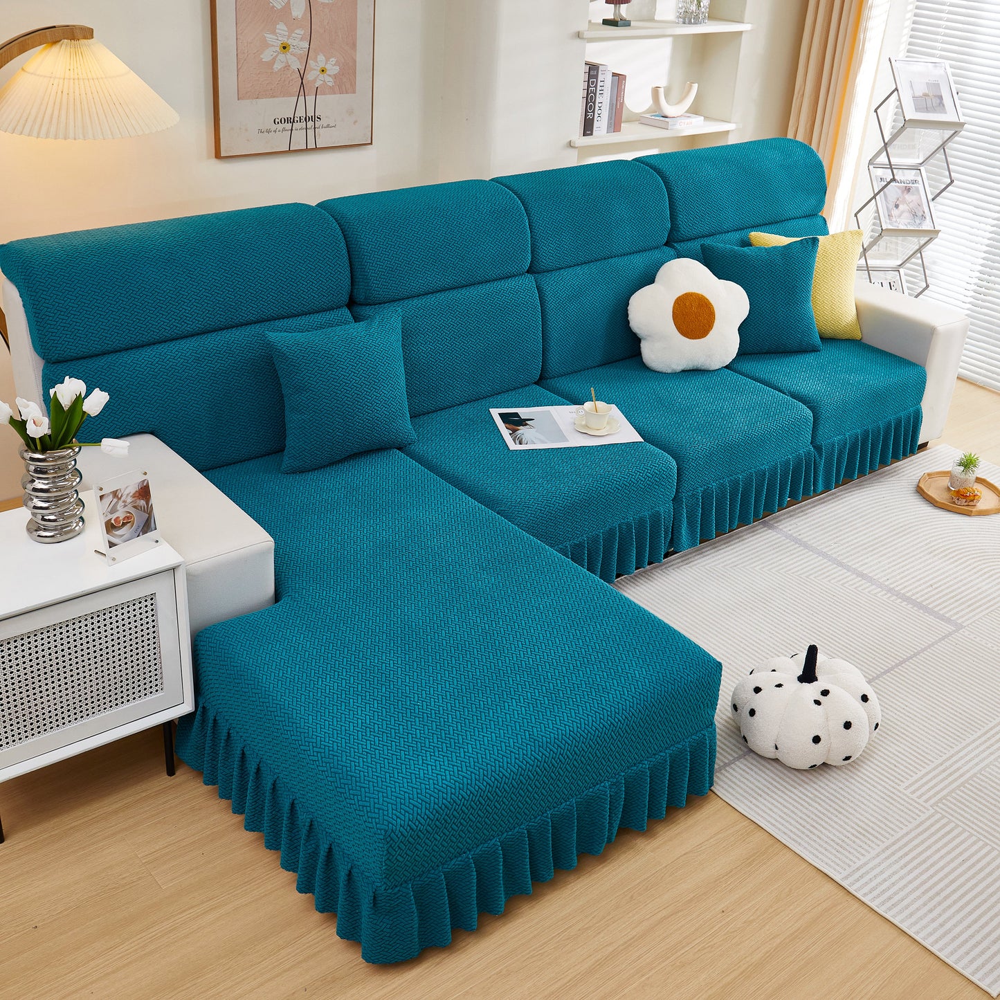 Tailored Sofa Cushion Covers Stretch Couch Seat Covers with Skirt for Sectional Sofas in a modern living room setting.