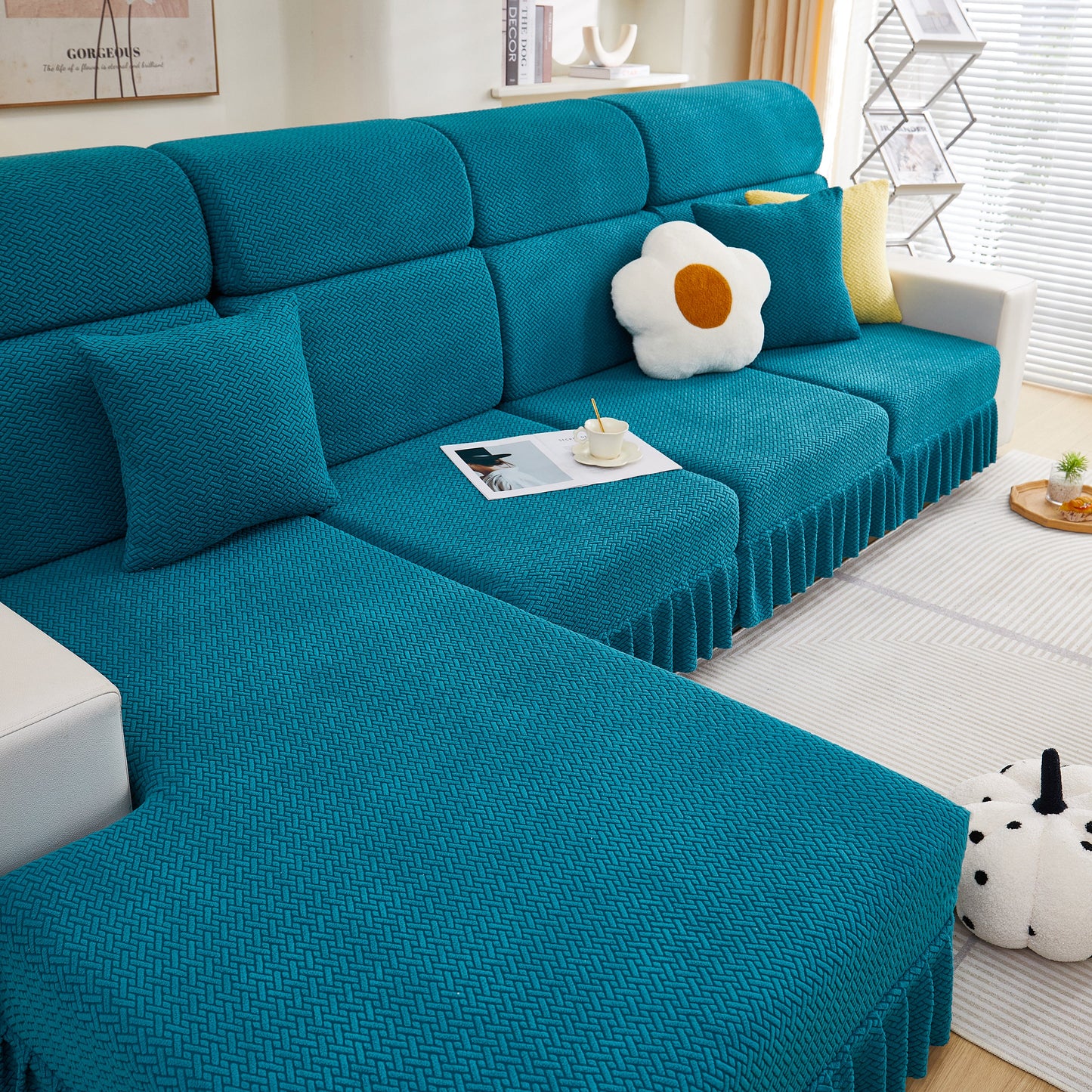 Tailored Sofa Cushion Covers Stretch Couch Seat Covers with Skirt for Sectional Sofas in elegant living room setting