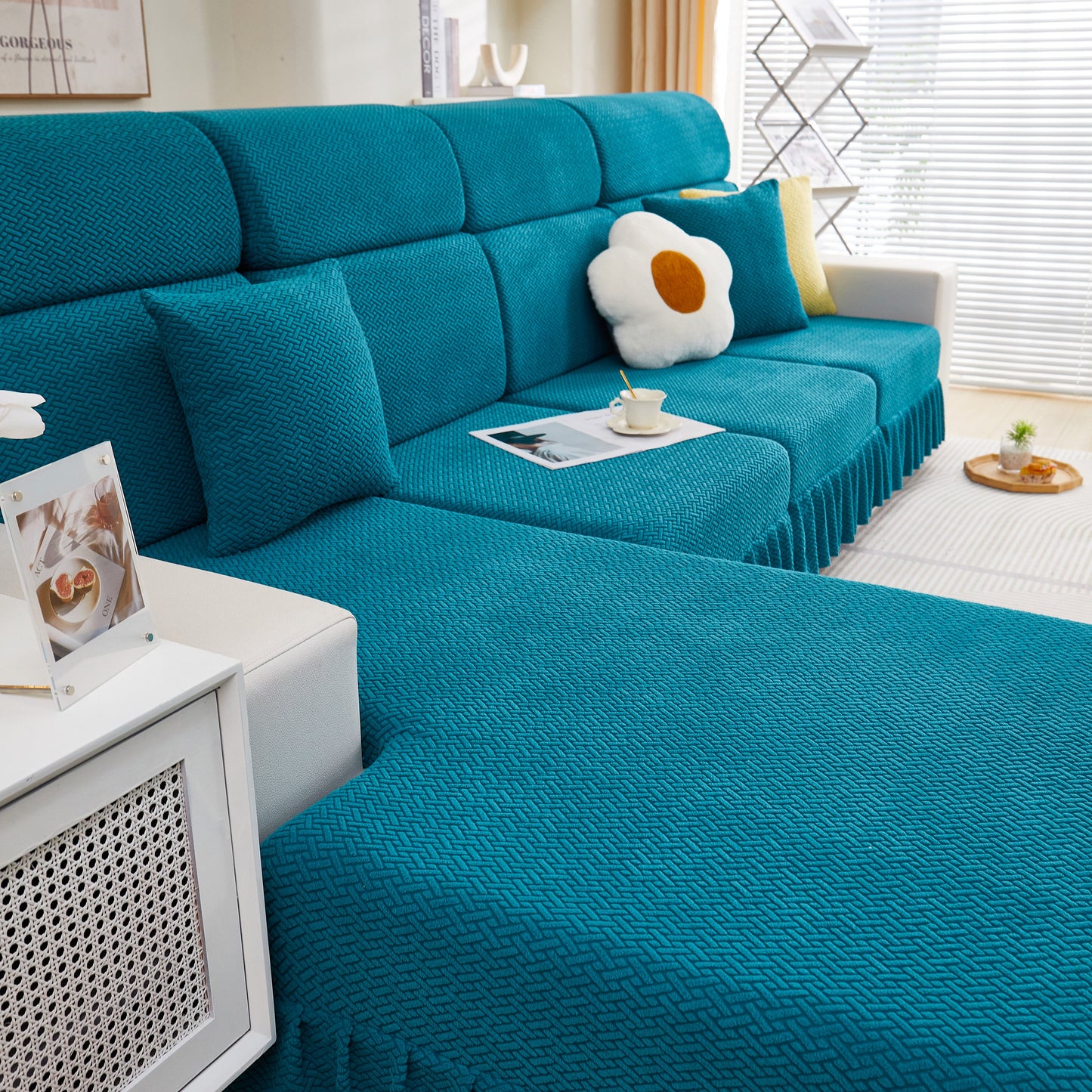 Tailored Sofa Cushion Covers Stretch Couch Seat Covers with Skirt for Sectional Sofas featuring elegant teal design and cushion