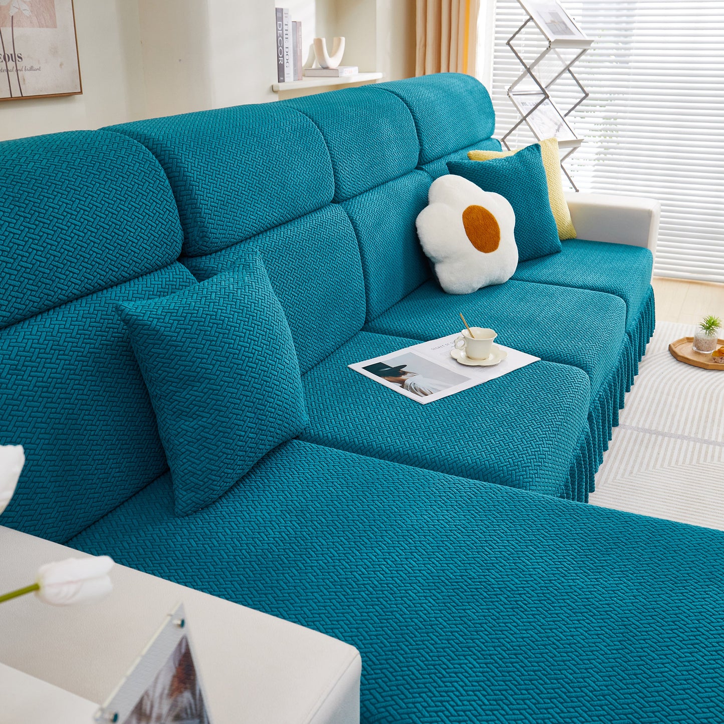 Tailored Sofa Cushion Covers Stretch Couch Seat Covers with Skirt for Sectional Sofas in stylish teal color
