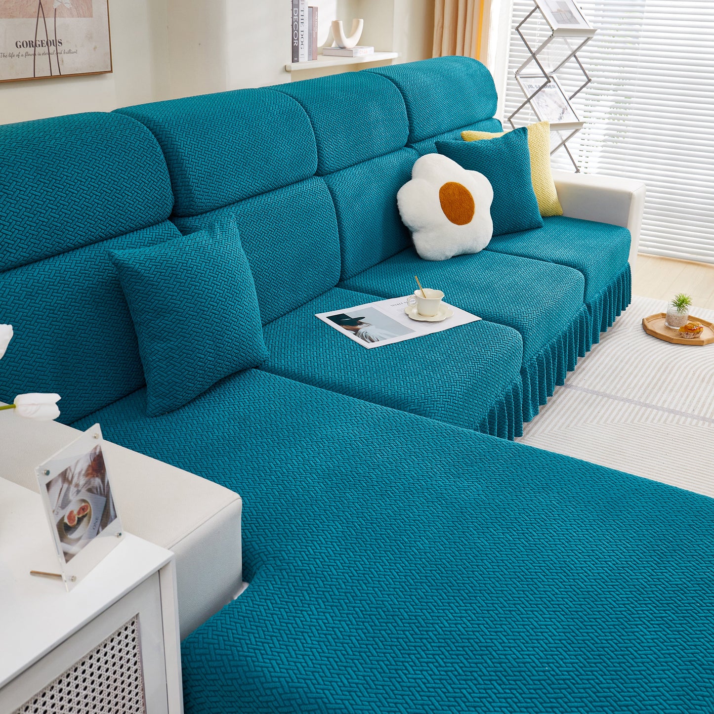 Tailored Sofa Cushion Covers Stretch Couch Seat Covers with Skirt for Sectional Sofas in teal, enhancing modern living room décor.