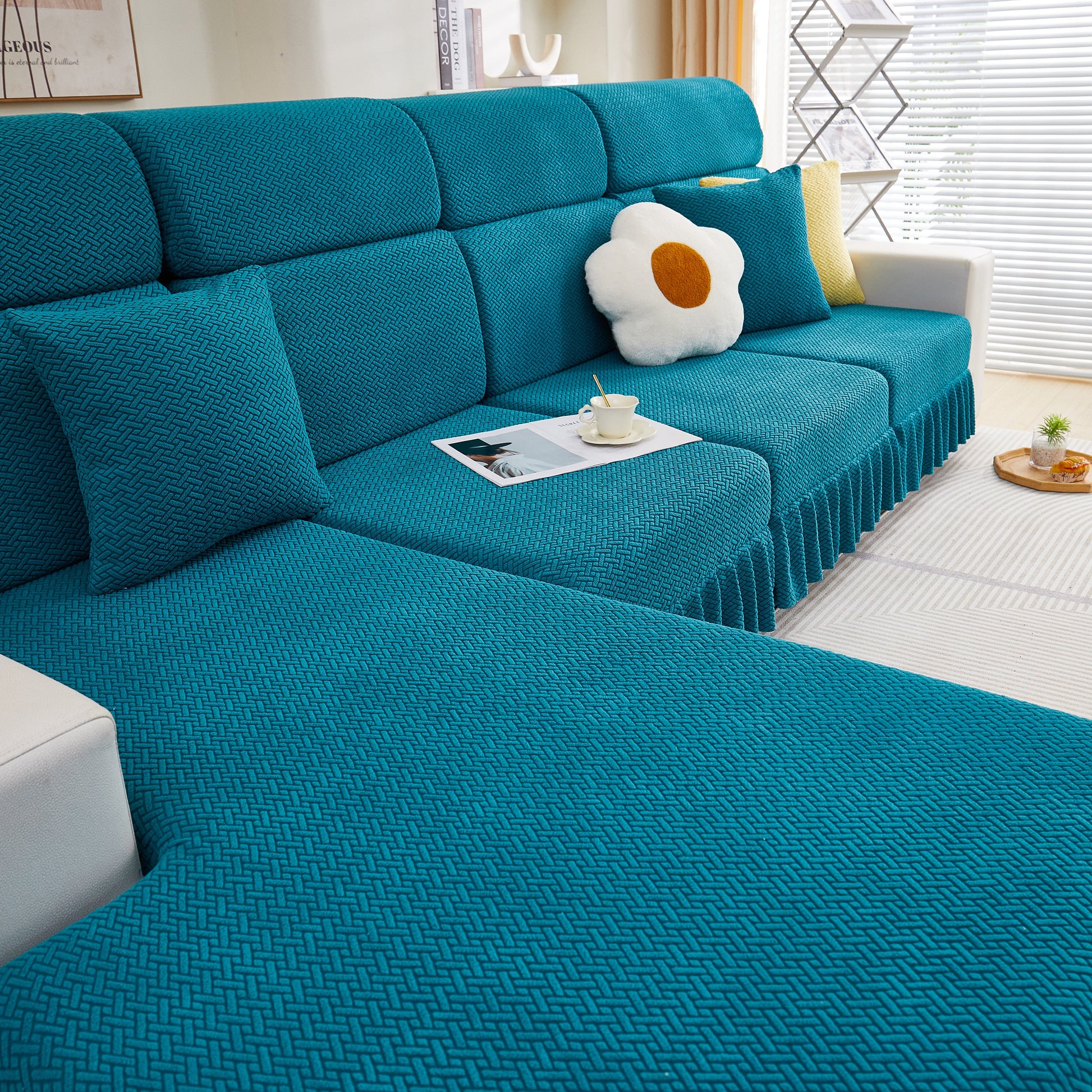 Tailored Sofa Cushion Covers Stretch Couch Seat Covers with Skirt for Sectional Sofas in teal fabric showcasing elegance