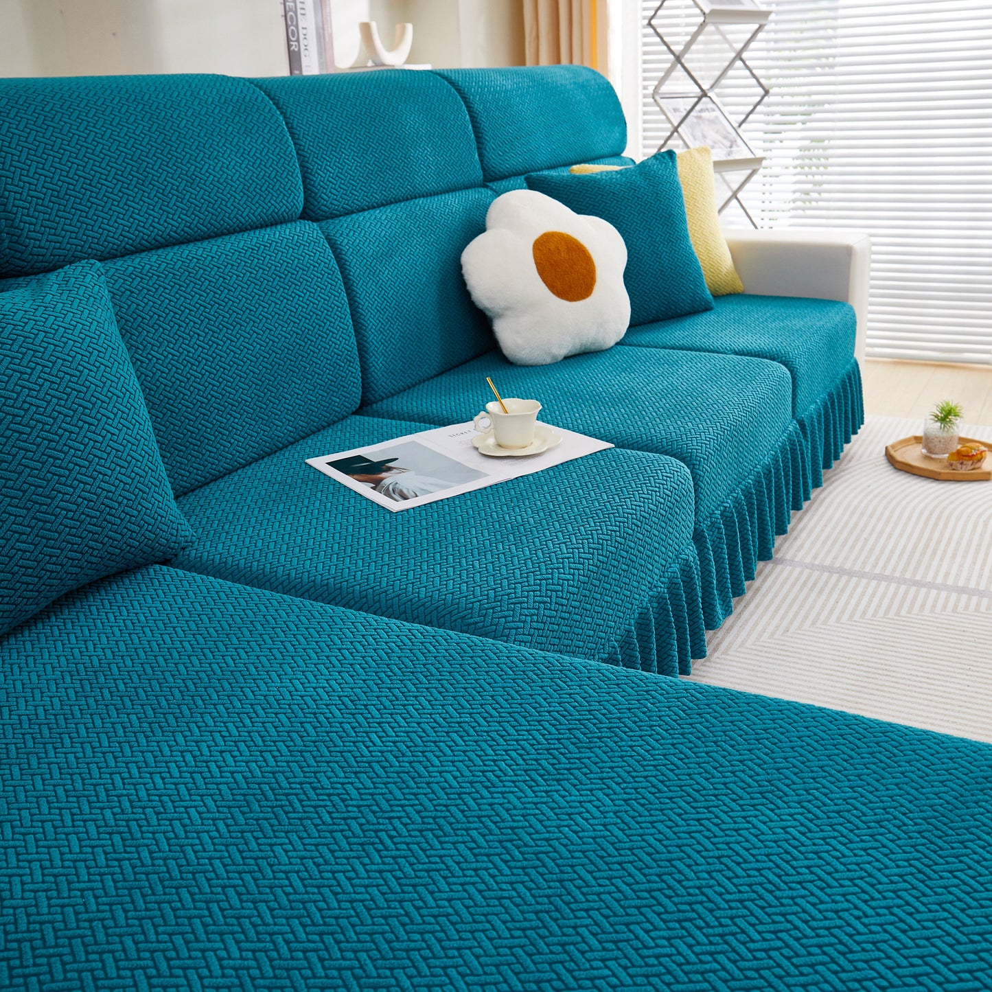 Tailored Sofa Cushion Covers Stretch Couch Seat Covers with Skirt for Sectional Sofas in teal color