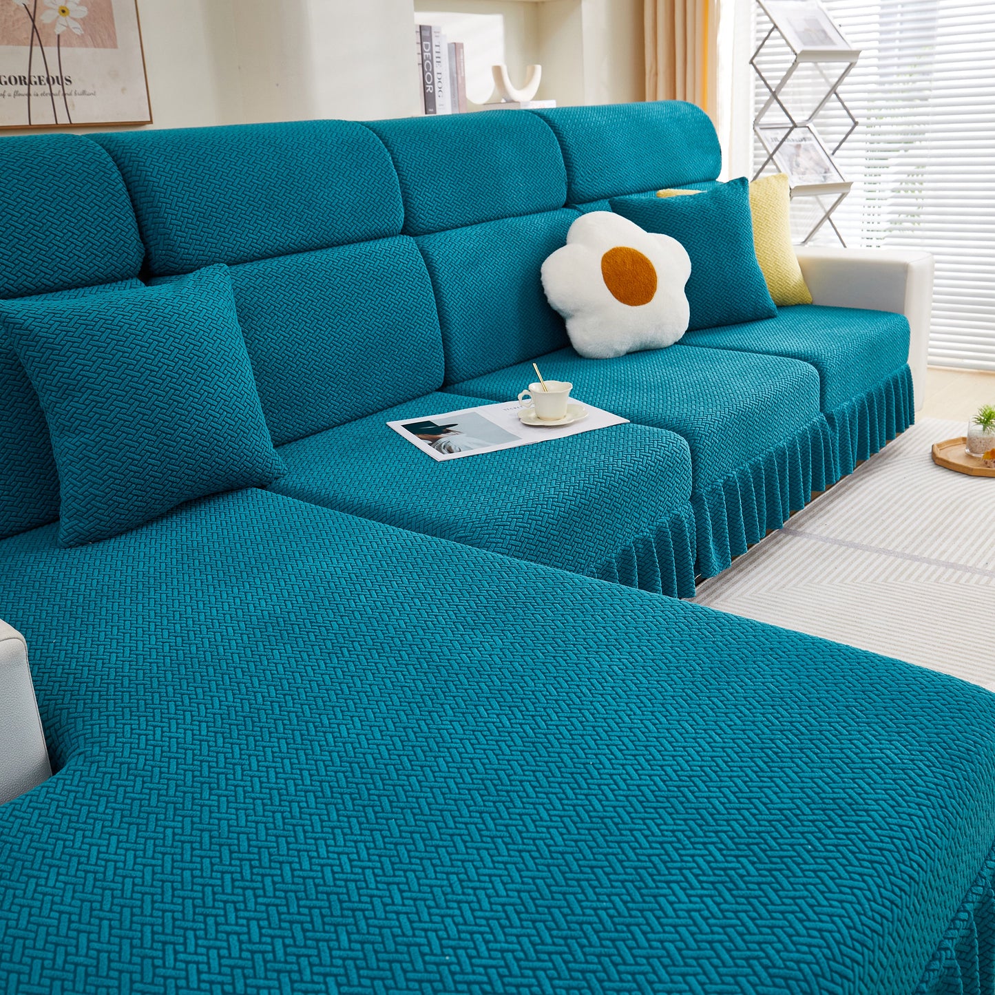 Tailored Sofa Cushion Covers Stretch Couch Seat Covers with Skirt for Sectional Sofas in a modern living room setting