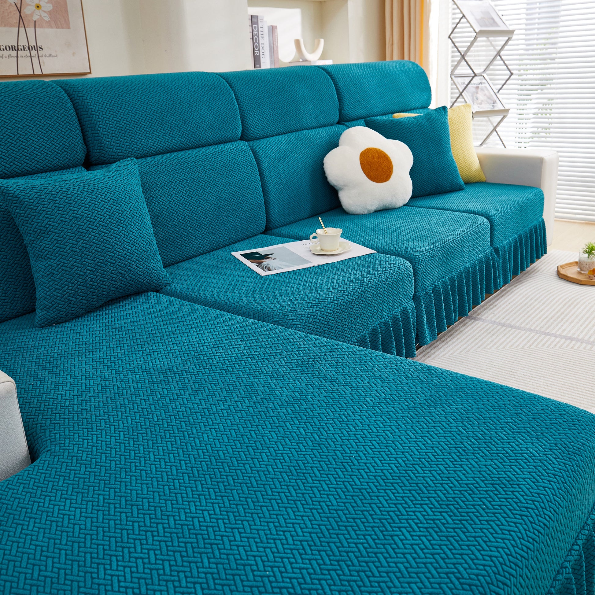 Tailored Sofa Cushion Covers Stretch Couch Seat Covers with Skirt for Sectional Sofas in a modern living room setting