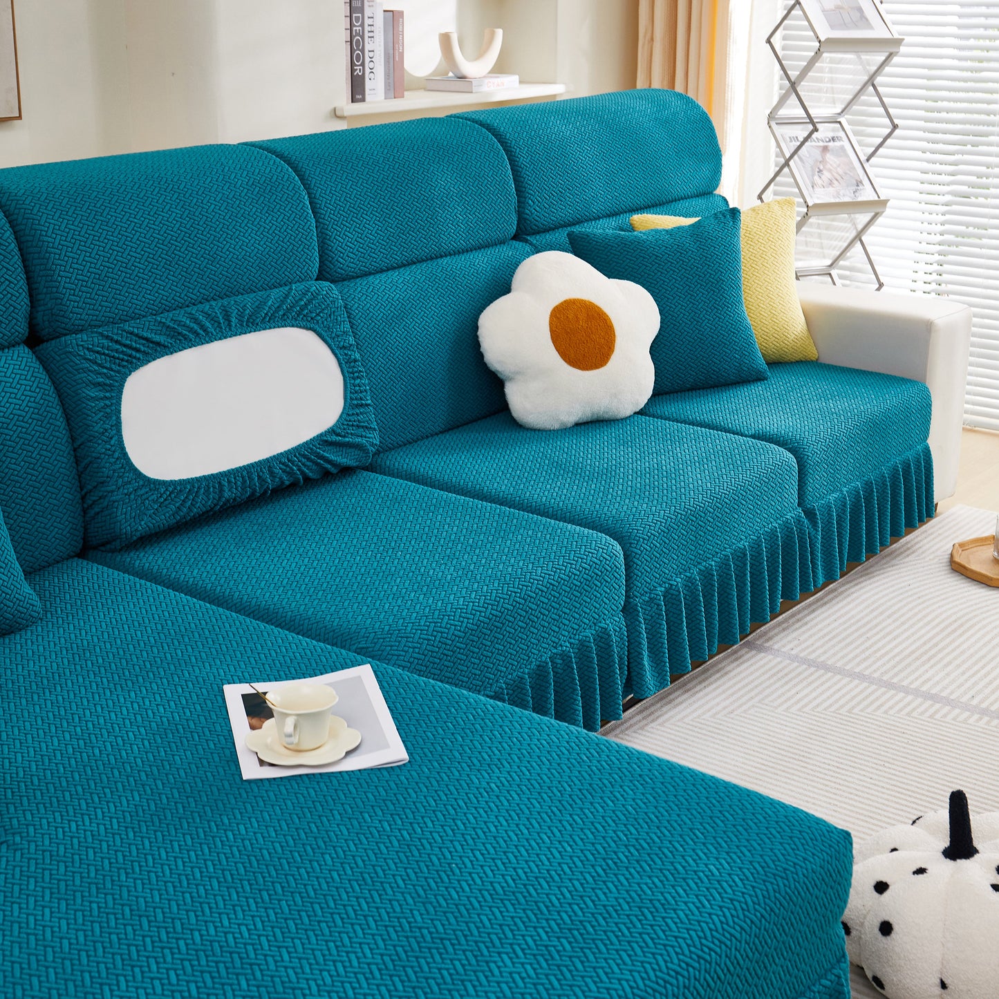 Tailored Sofa Cushion Covers Stretch Couch Seat Covers with Skirt for Sectional Sofas in teal on an elegant living room setup