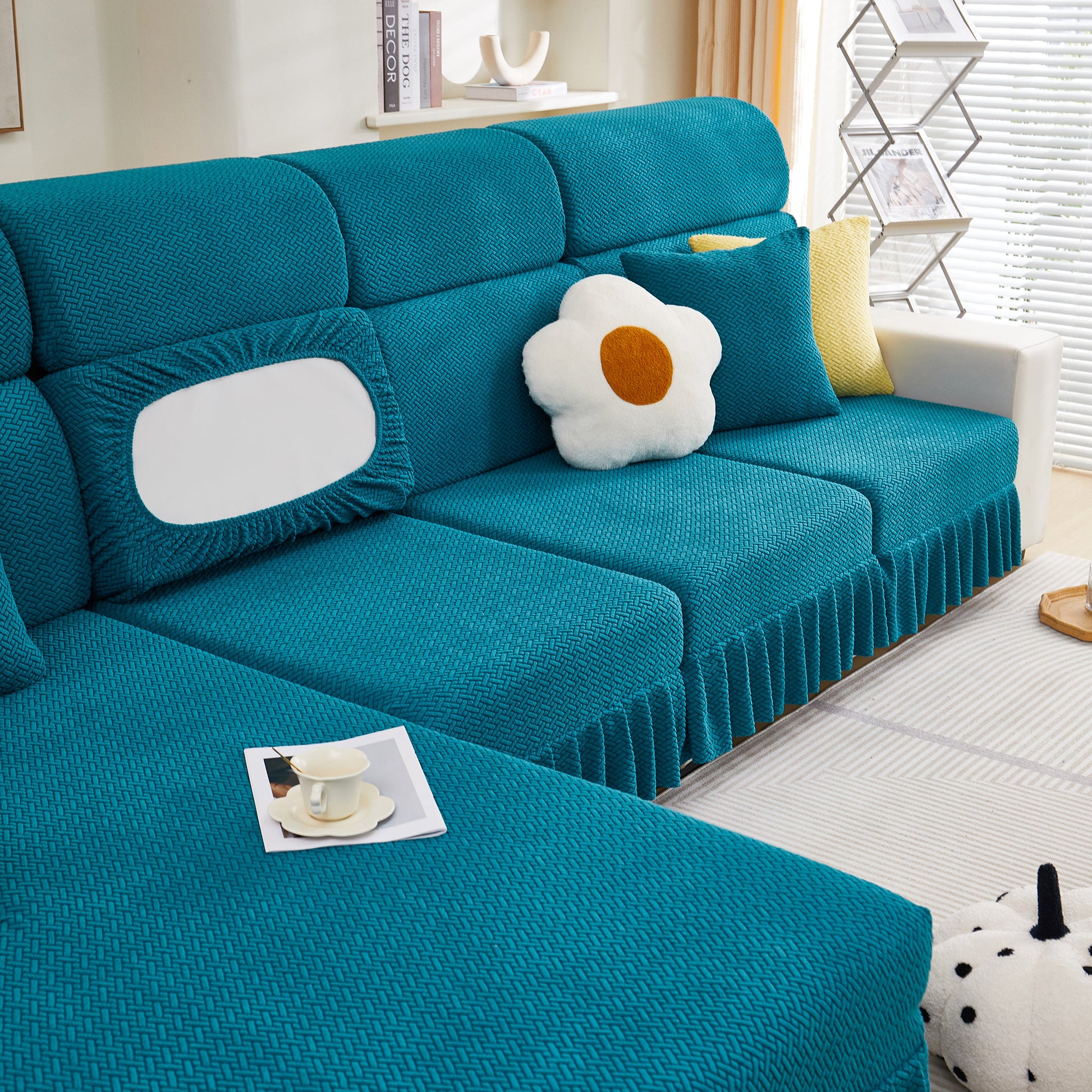 Tailored Sofa Cushion Covers Stretch Couch Seat Covers with Skirt for Sectional Sofas in teal on an elegant living room setup