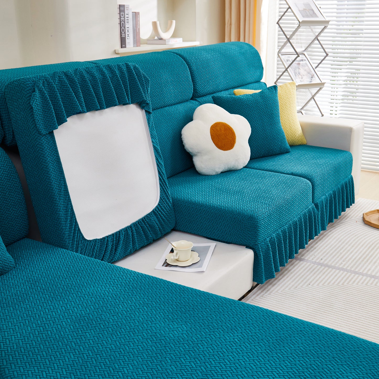 Tailored Sofa Cushion Covers Stretch Couch Seat Covers with Skirt for Sectional Sofas in elegant blue décor setting