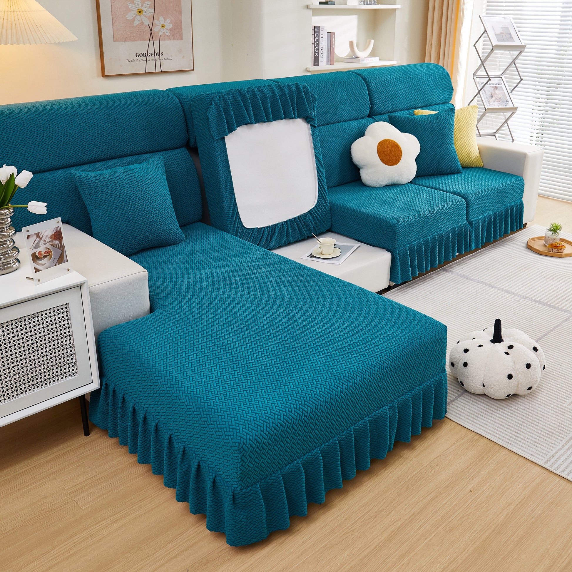 Tailored Sofa Cushion Covers Stretch Couch Seat Covers with Skirt for Sectional Sofas in teal blue on a living room sofa setup