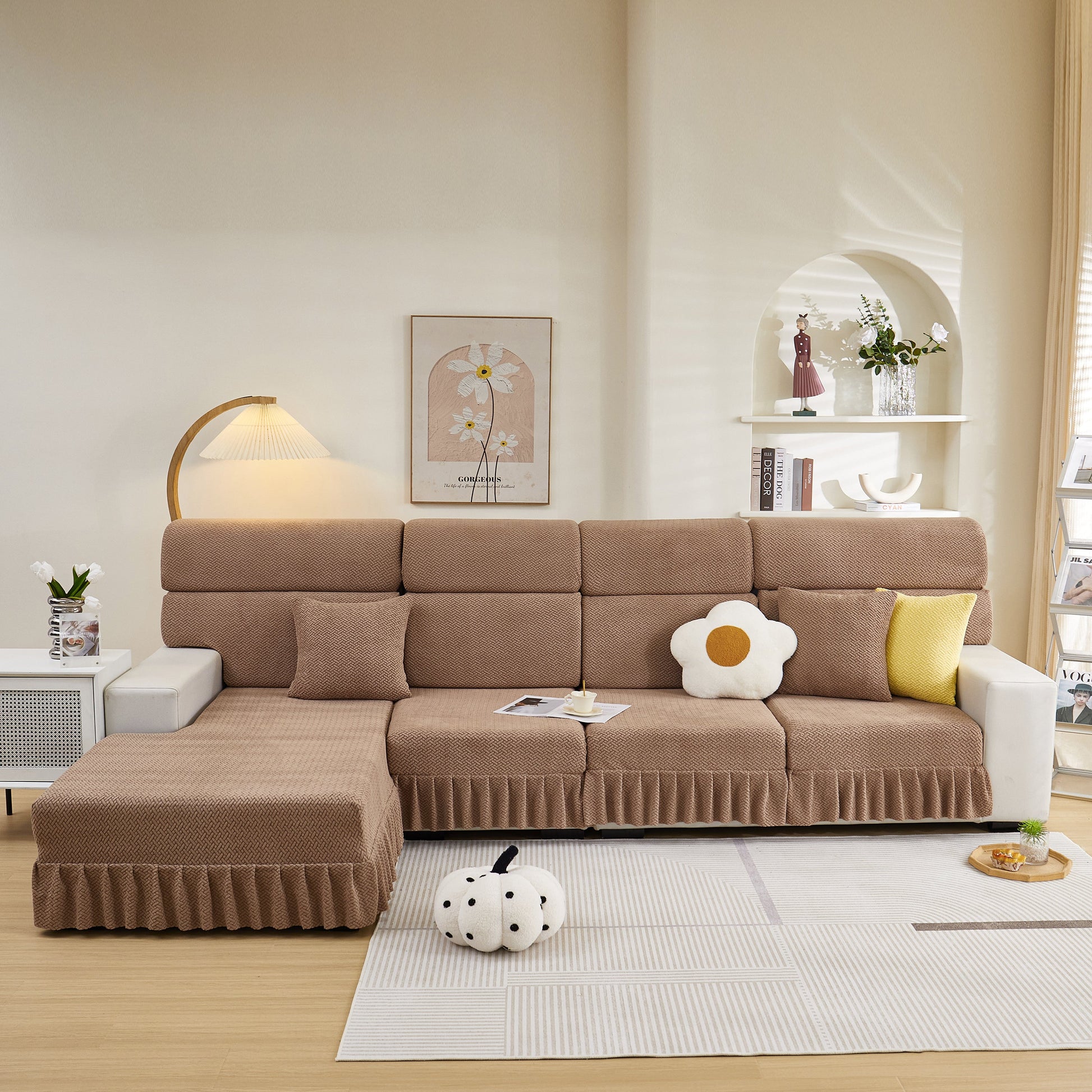 Tailored Sofa Cushion Covers Stretch Couch Seat Covers with Skirt for Sectional Sofas in a stylish living room setting