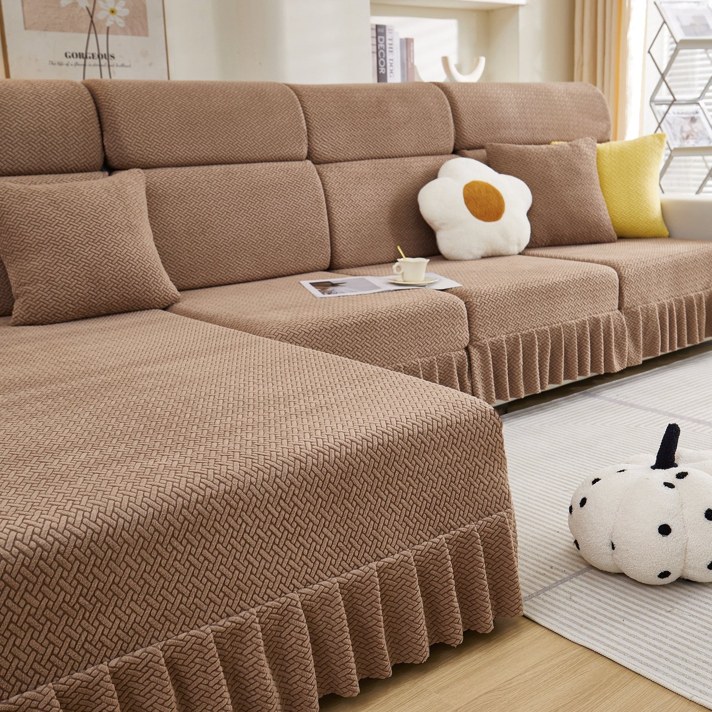 Tailored Sofa Cushion Covers Stretch Couch Seat Covers with Skirt for Sectional Sofas in a cozy living room setting