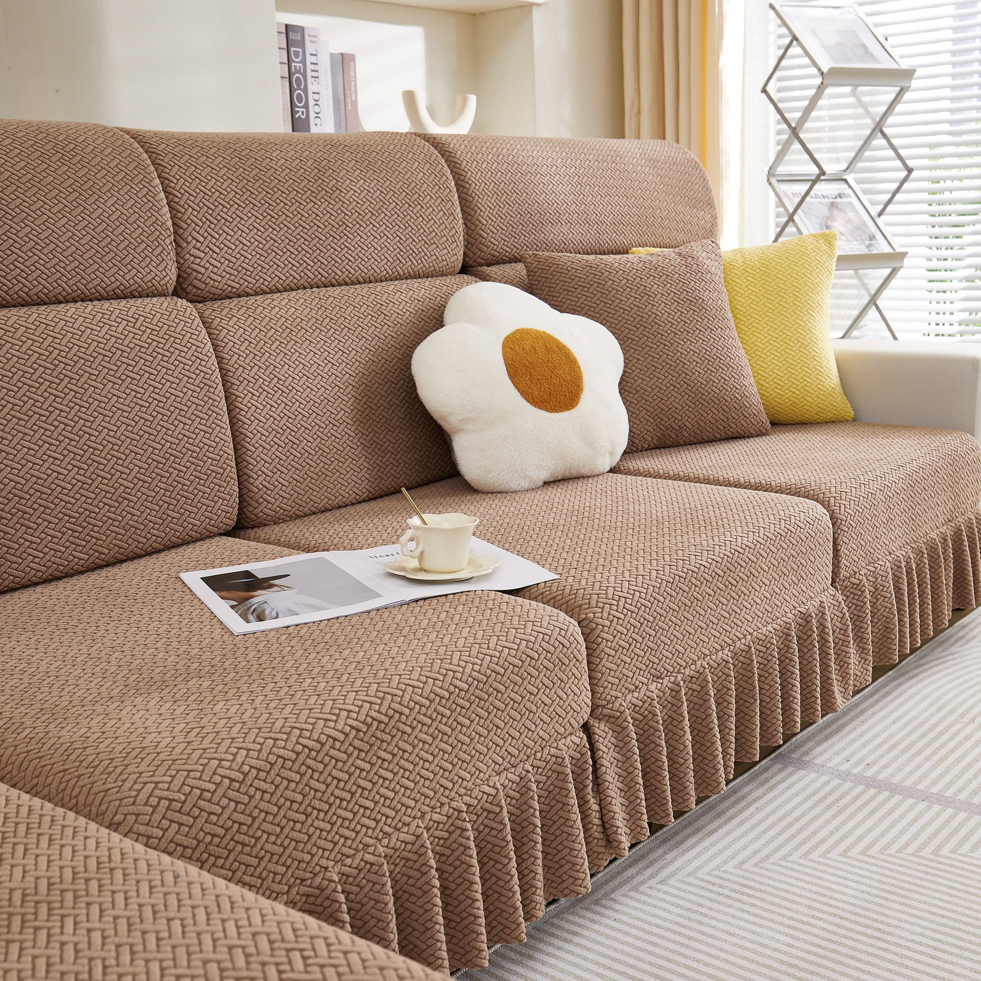 Tailored Sofa Cushion Covers Stretch Couch Seat Covers with Skirt for Sectional Sofas in cozy living room setting