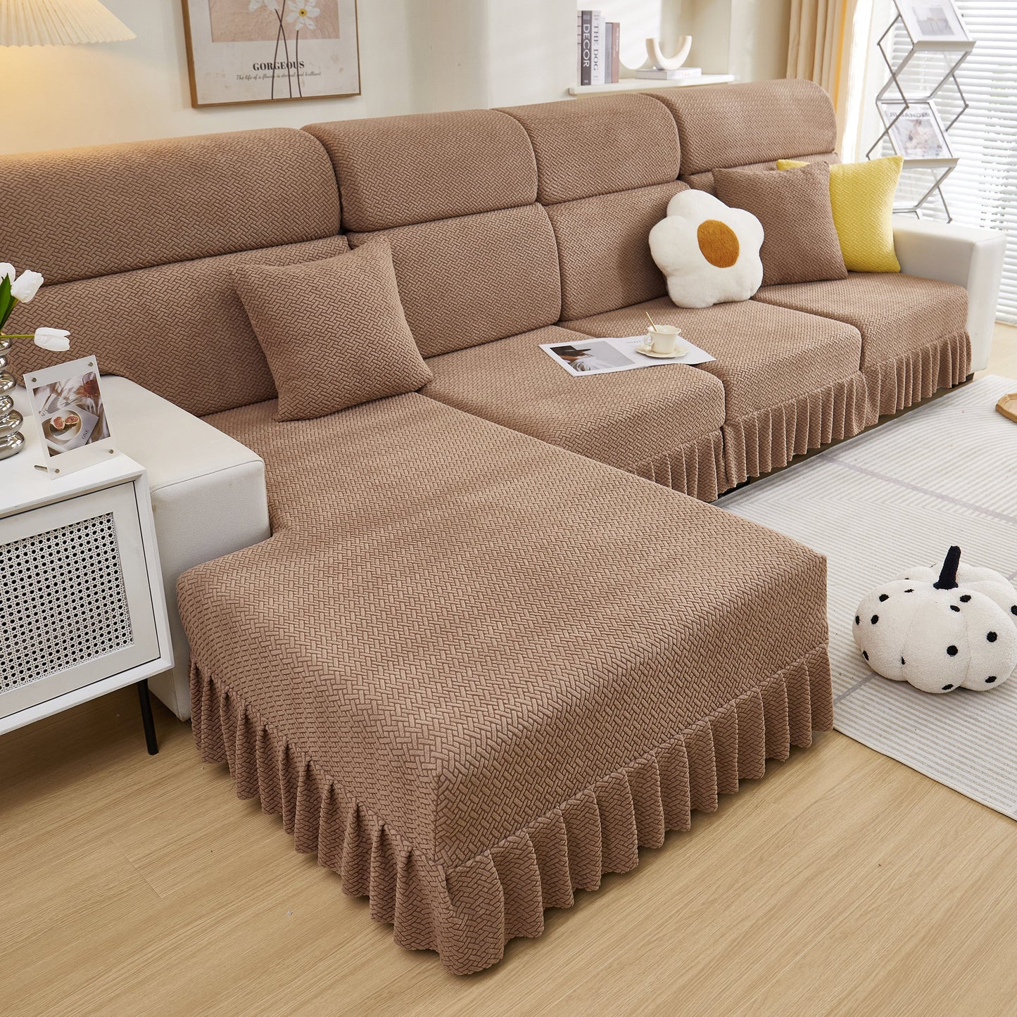 Tailored Sofa Cushion Covers Stretch Couch Seat Covers with Skirt for Sectional Sofas in a modern living room