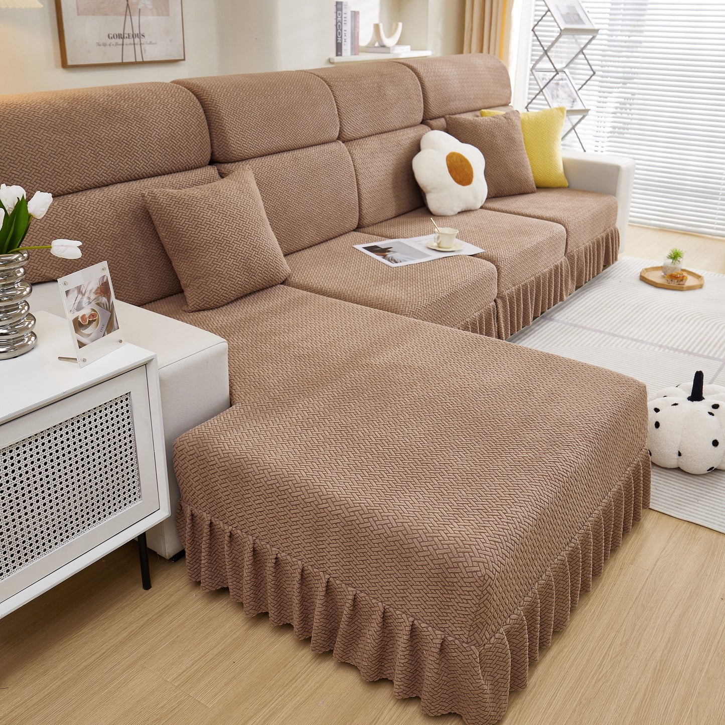 Tailored Sofa Cushion Covers Stretch Couch Seat Covers with Skirt for Sectional Sofas in cozy living room setting.