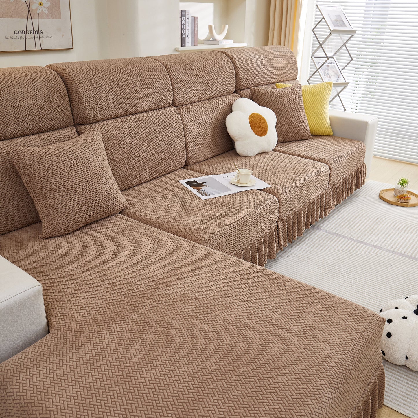 Tailored Sofa Cushion Covers Stretch Couch Seat Covers with Skirt for Sectional Sofas in a cozy living room setting