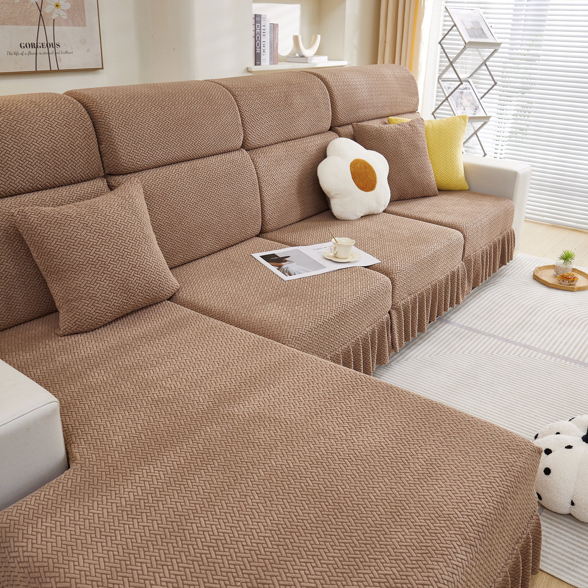 Tailored Sofa Cushion Covers Stretch Couch Seat Covers with Skirt for Sectional Sofas in a cozy living room setting