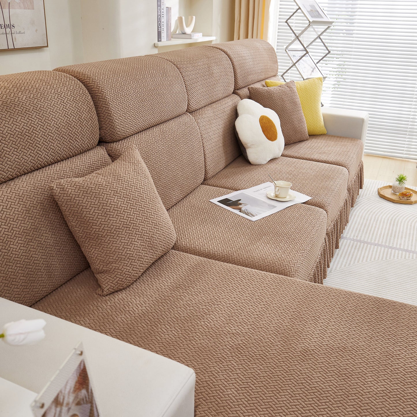 Tailored Sofa Cushion Covers Stretch Couch Seat Covers with Skirt for Sectional Sofas in a cozy living room setting