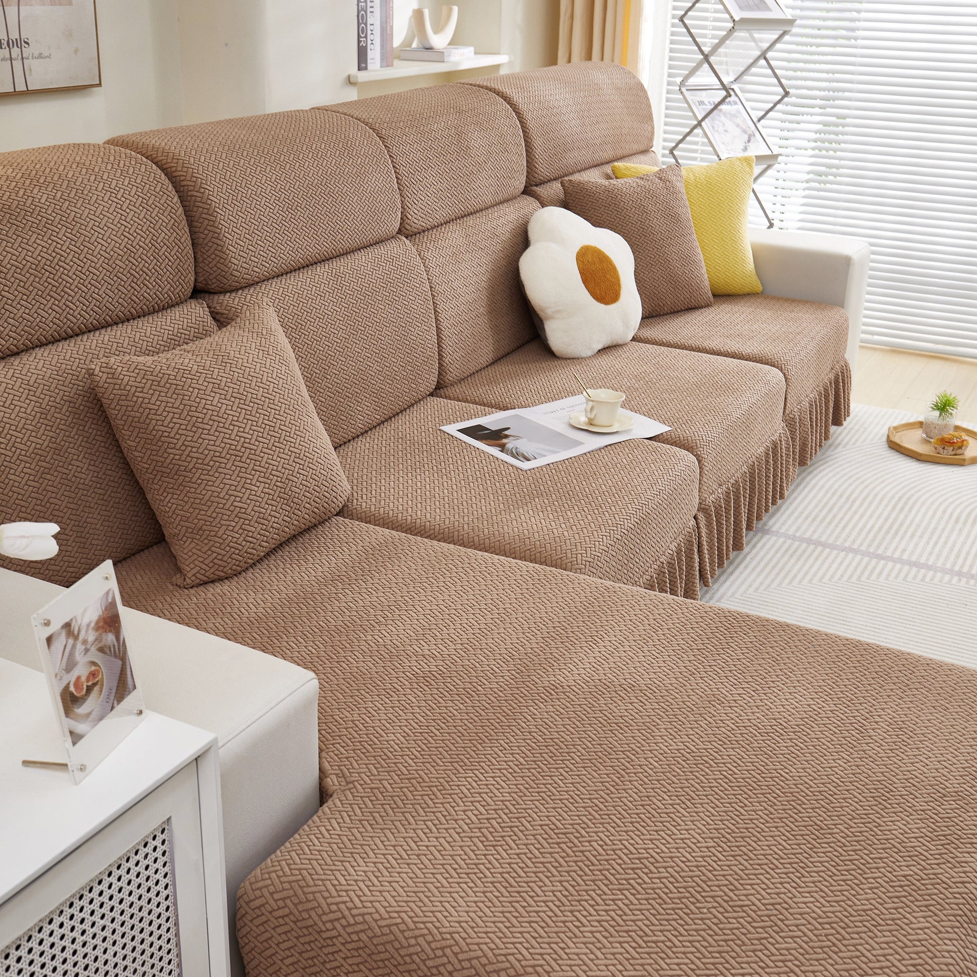 Tailored Sofa Cushion Covers Stretch Couch Seat Covers with Skirt for Sectional Sofas in a stylish living room.