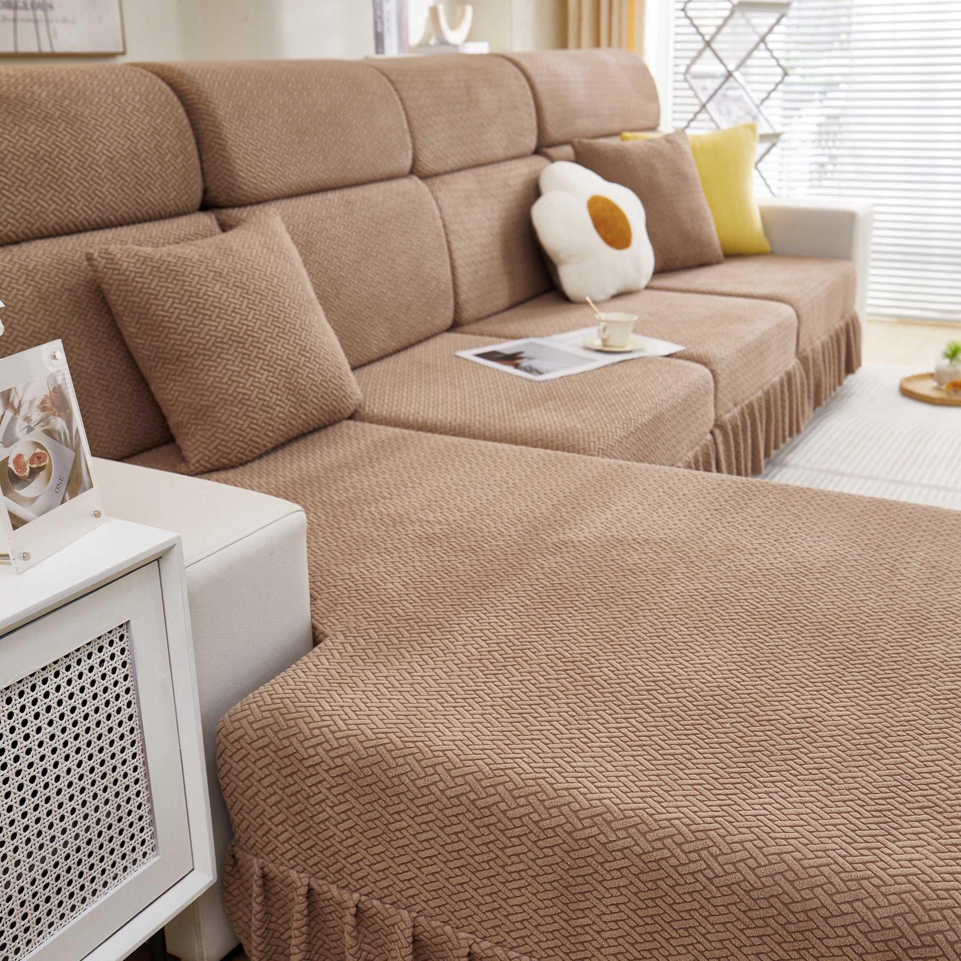Tailored Sofa Cushion Covers Stretch Couch Seat Covers with Skirt for Sectional Sofas in a cozy living room setting
