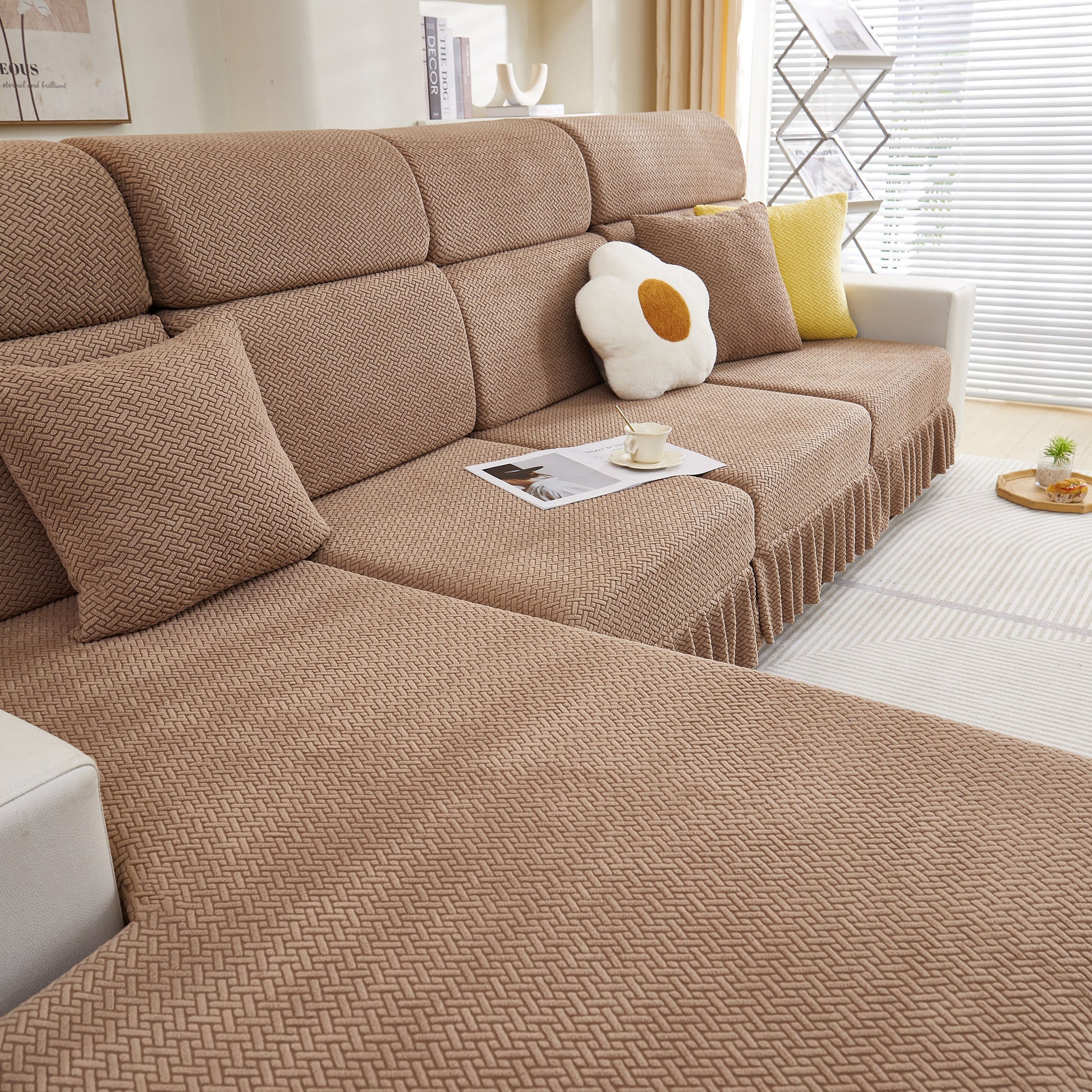 Tailored Sofa Cushion Covers Stretch Couch Seat Covers with Skirt for Sectional Sofas in elegant living room setting