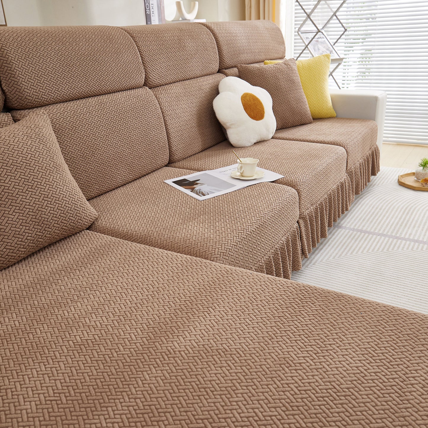 Tailored Sofa Cushion Covers Stretch Couch Seat Covers with Skirt for Sectional Sofas in a cozy living room.