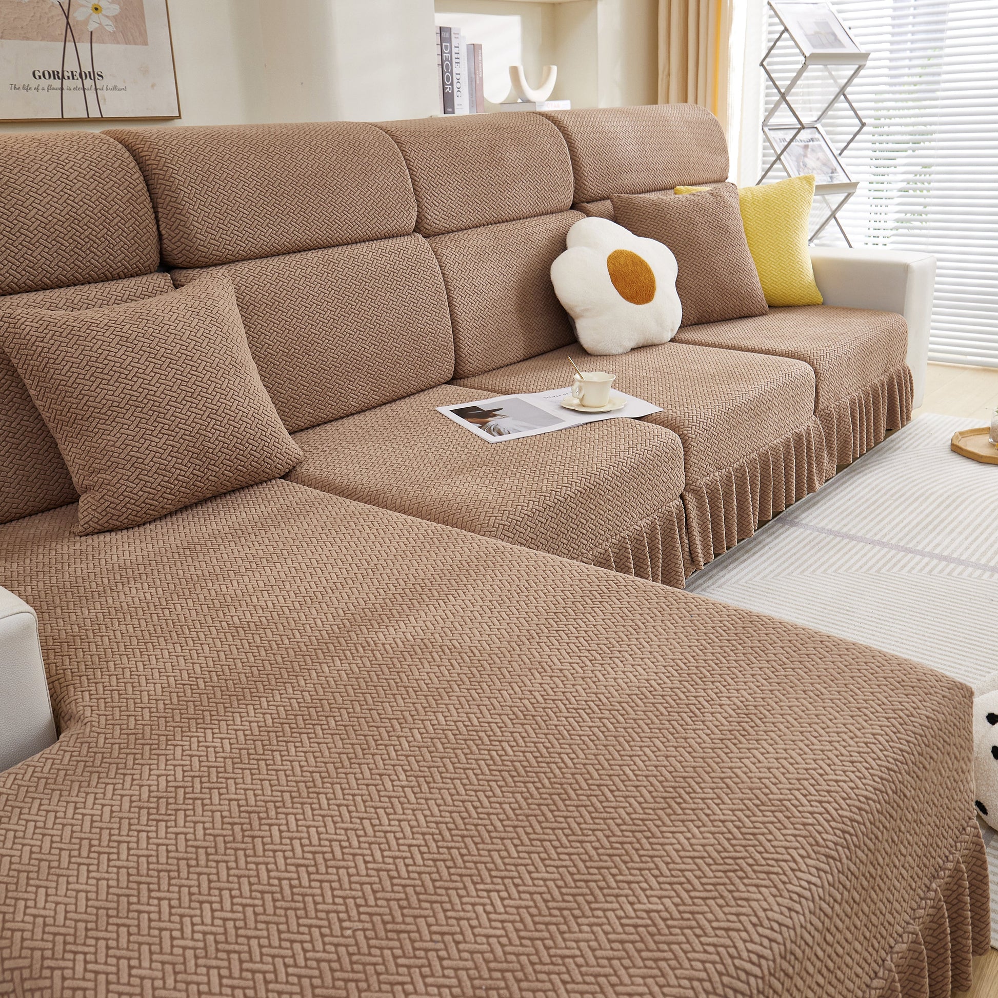Tailored Sofa Cushion Covers Stretch Couch Seat Covers with Skirt for Sectional Sofas in living room setting