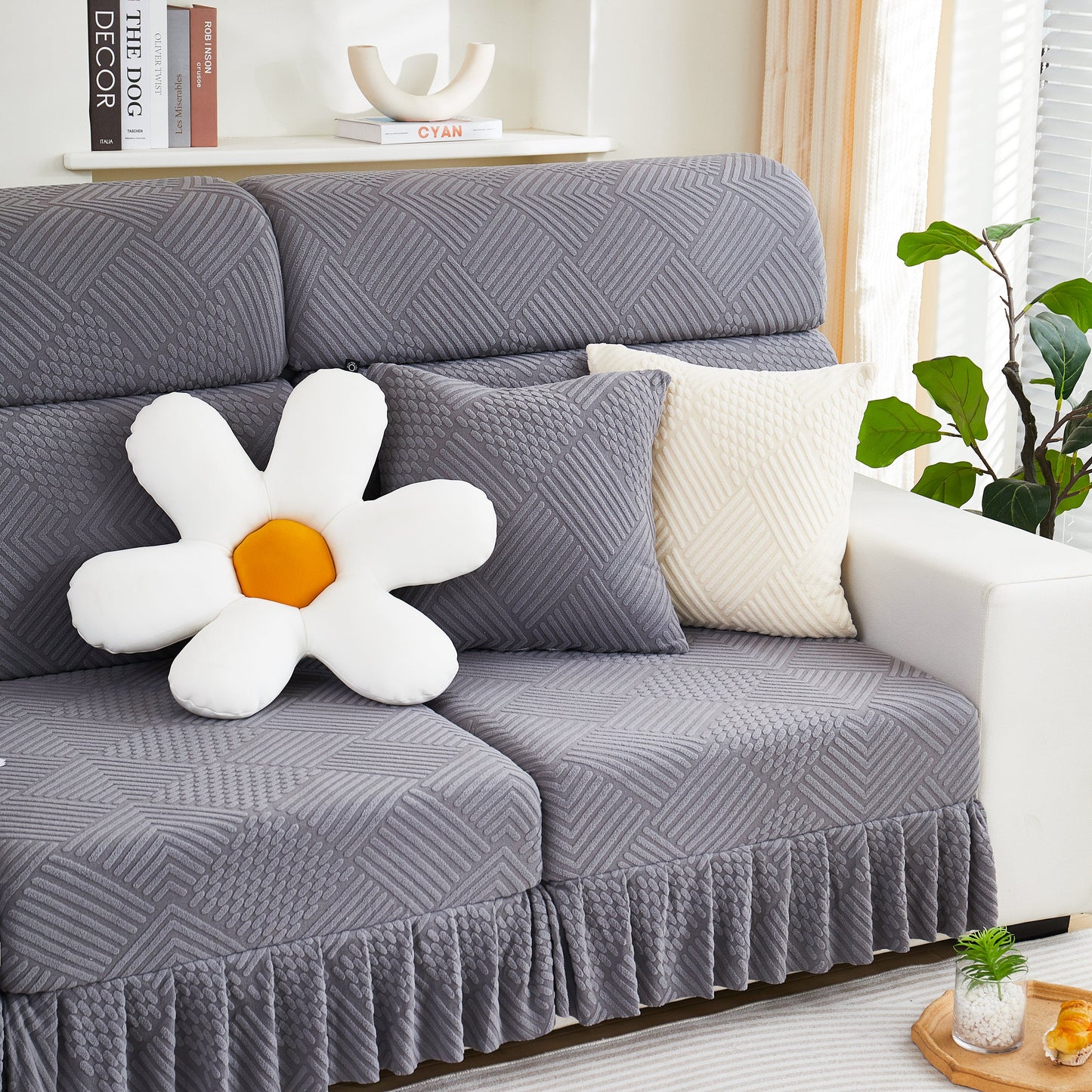 Stretch Sofa Covers for Couch Seats and Cushions, Suitable for 1/2/3/4/L Seater Sofas and Couches in a modern living room setting.
