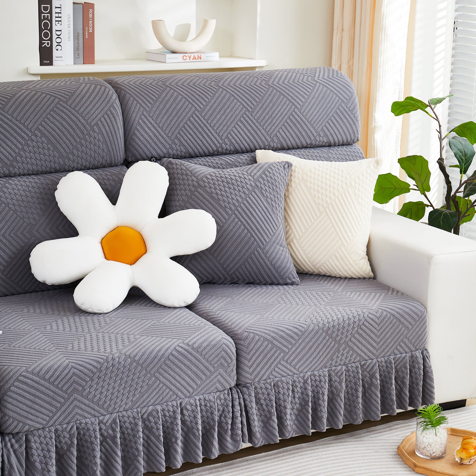 Stretch Sofa Covers for Couch Seats and Cushions, Suitable for 1/2/3/4/L Seater Sofas and Couches in a modern living room setting.