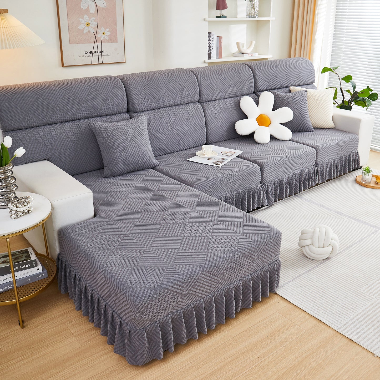 Living room with gray Stretch Sofa Covers for Couch Seats and Cushions, Suitable for 1/2/3/4/L Seater Sofas and Couches