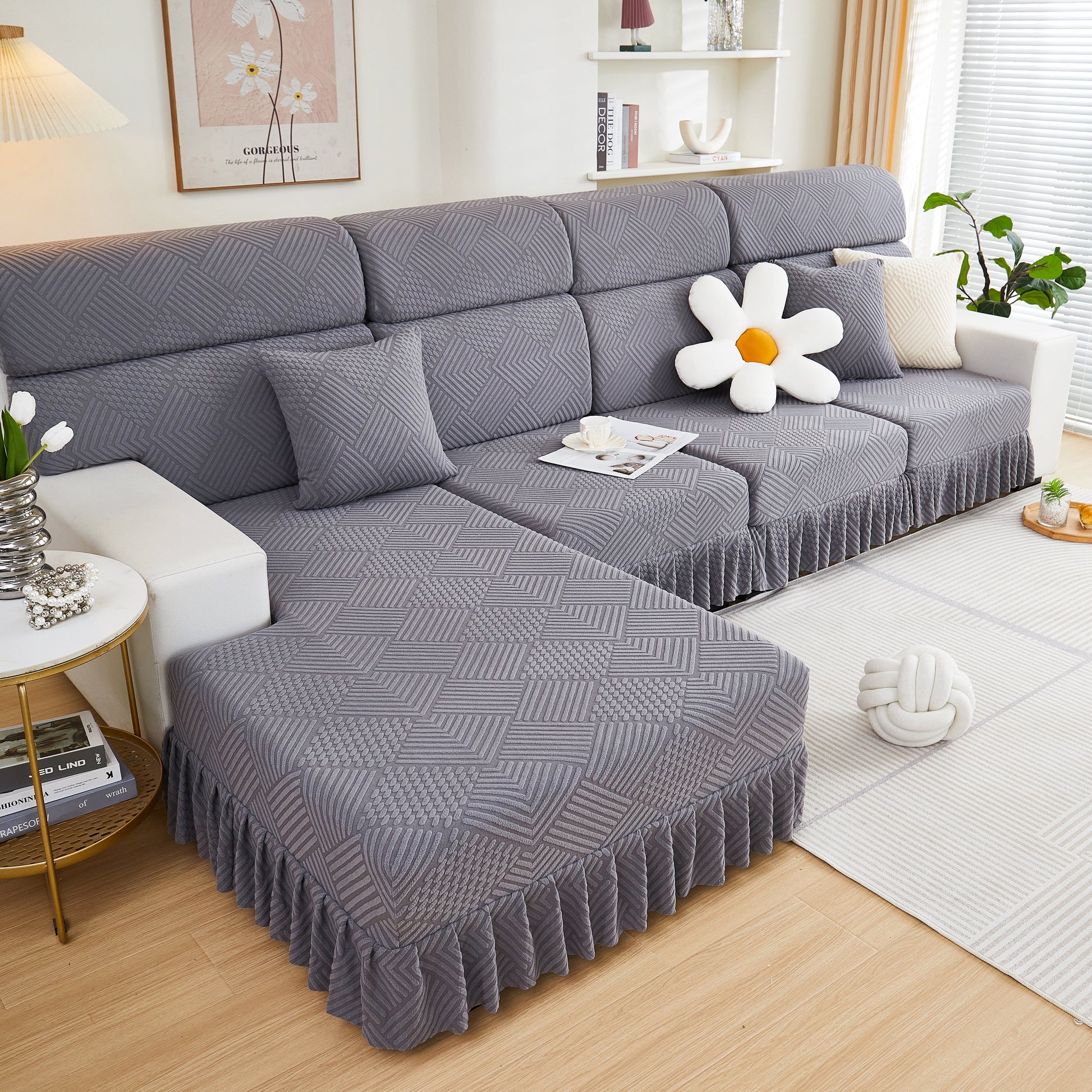 Living room with gray Stretch Sofa Covers for Couch Seats and Cushions, Suitable for 1/2/3/4/L Seater Sofas and Couches