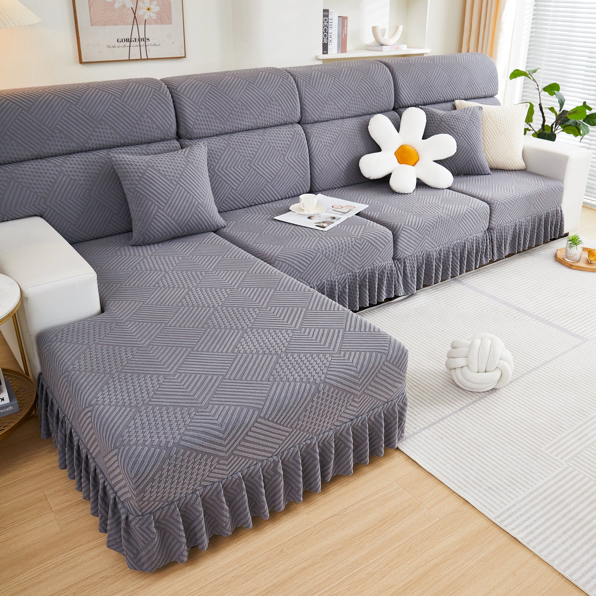 Stretch Sofa Covers for Couch Seats and Cushions, Suitable for 1/2/3/4/L Seater Sofas and Couches with elegant skirt design.