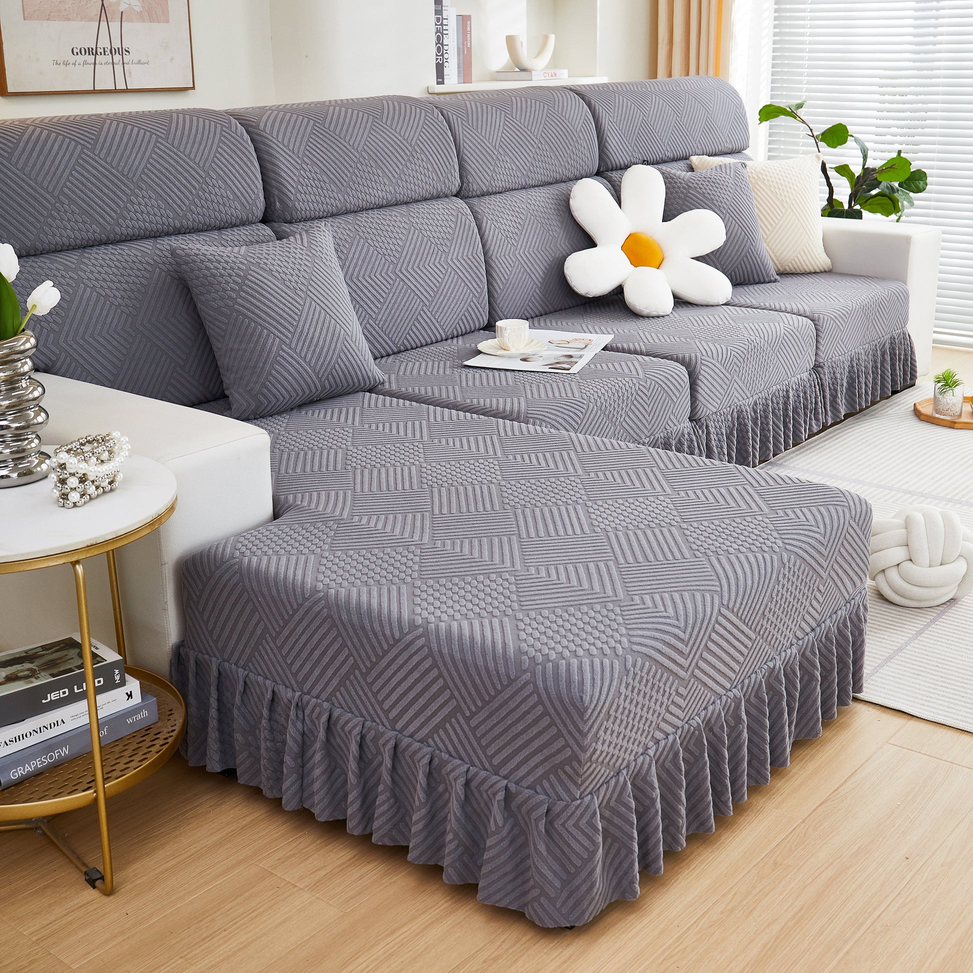 Stretch Sofa Covers for Couch Seats and Cushions, Suitable for 1/2/3/4/L Seater Sofas and Couches in a modern living room setting.