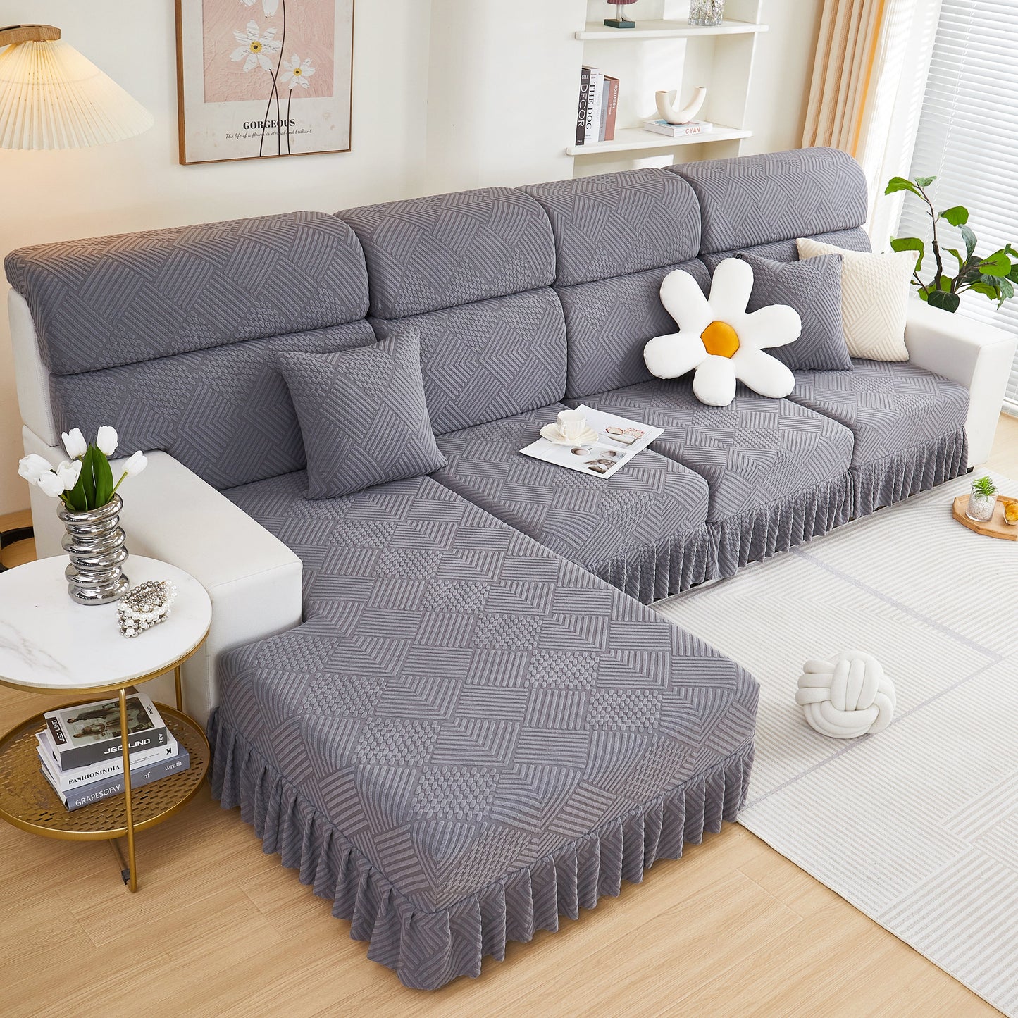 Stretch Sofa Covers for Couch Seats and Cushions, Suitable for 1/2/3/4/L Seater Sofas and Couches, elegant grey design