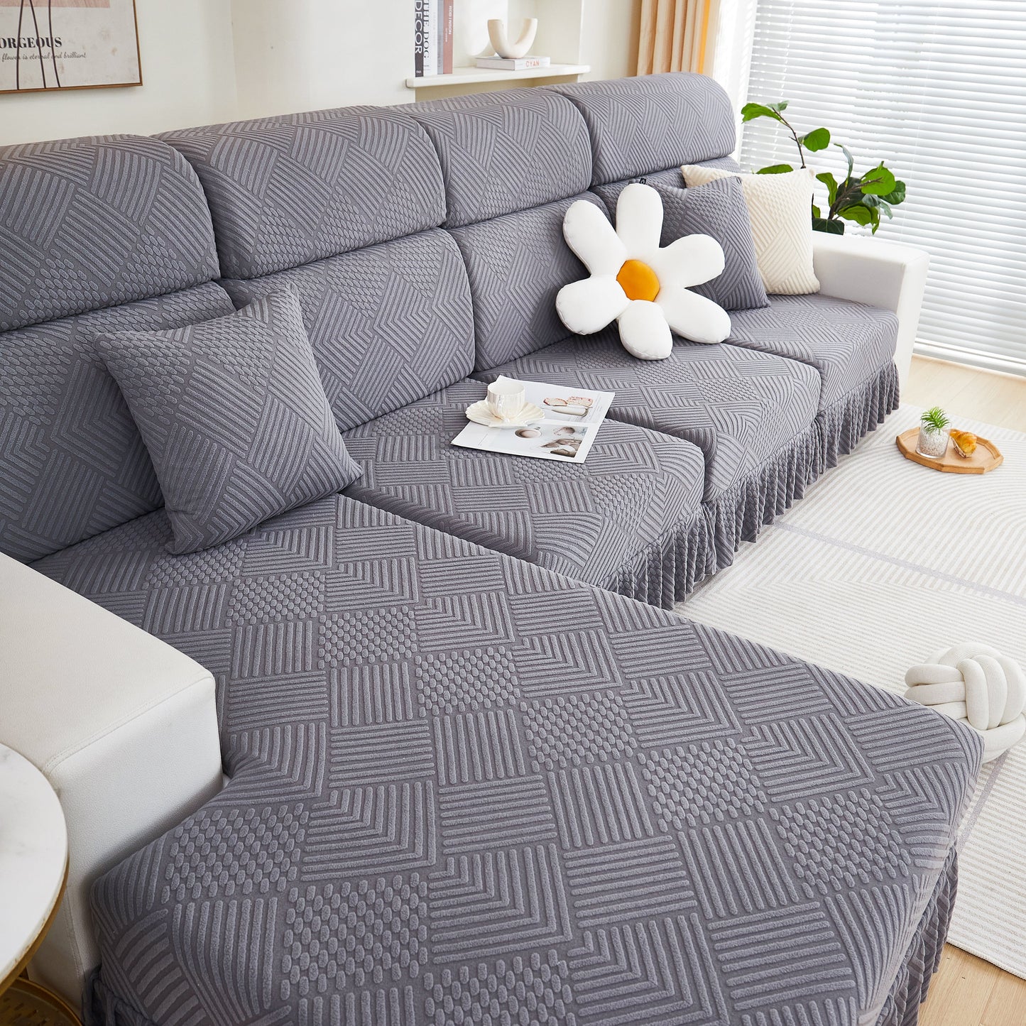 Stretch Sofa Covers for Couch Seats and Cushions, Suitable for 1/2/3/4/L Seater Sofas and Couches, showing elegant living room decor.
