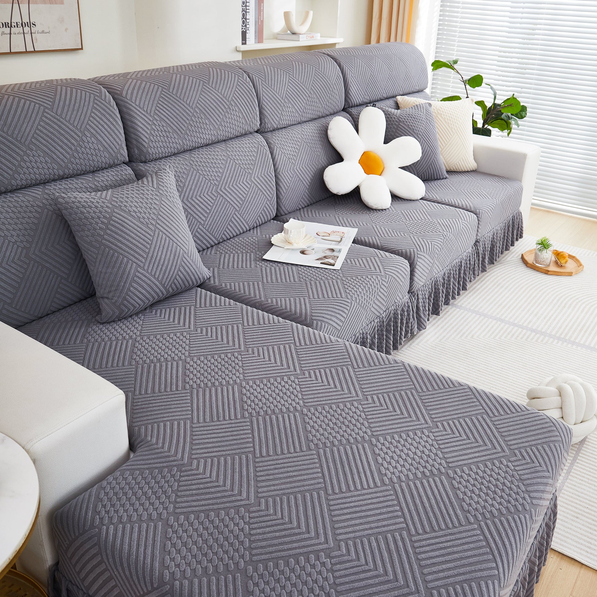 Stretch Sofa Covers for Couch Seats and Cushions, Suitable for 1/2/3/4/L Seater Sofas and Couches, showing elegant living room decor.