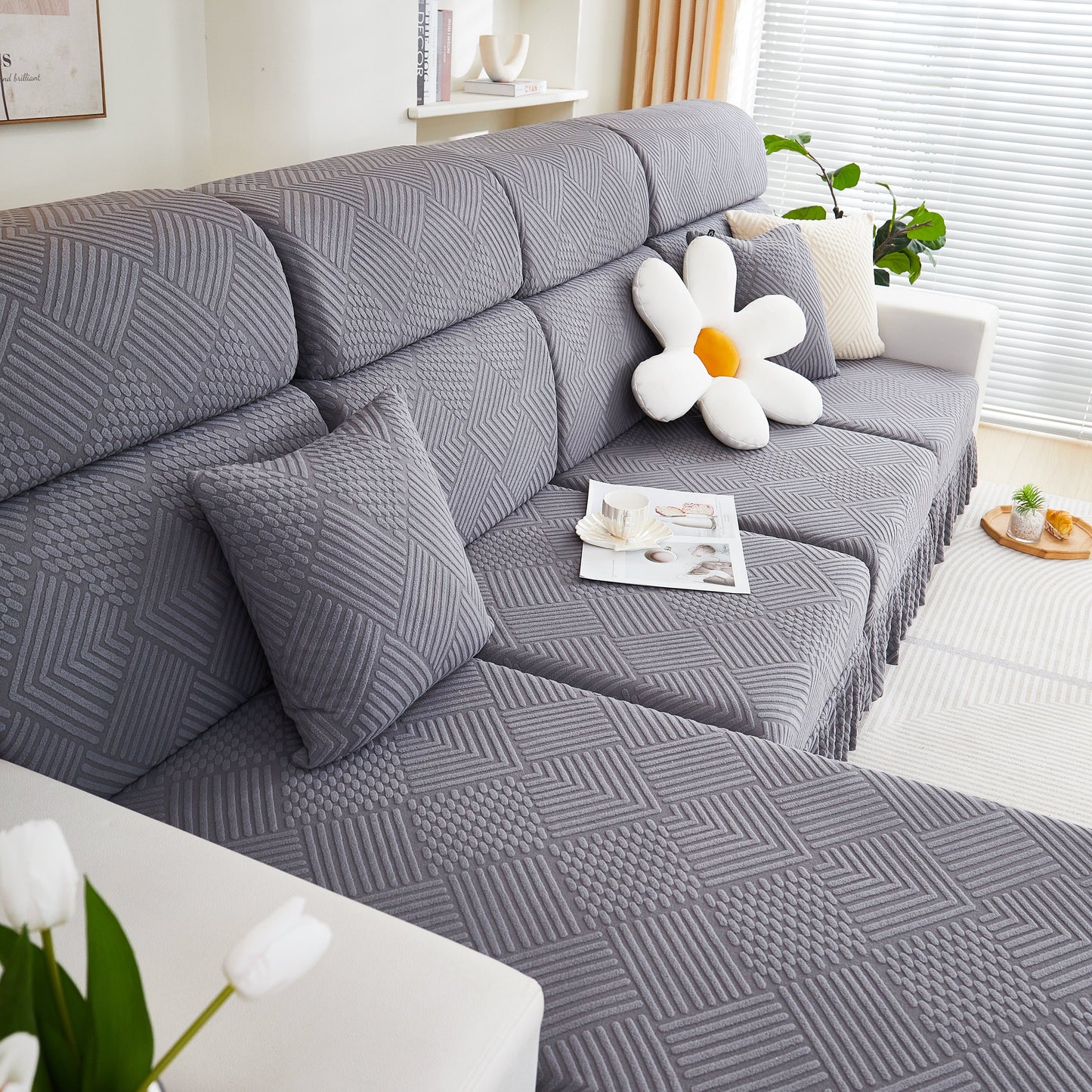 Stylish grey stretch sofa covers for 1/2/3/4/L seater sofas and couches, featuring elegant patterns and a modern look.