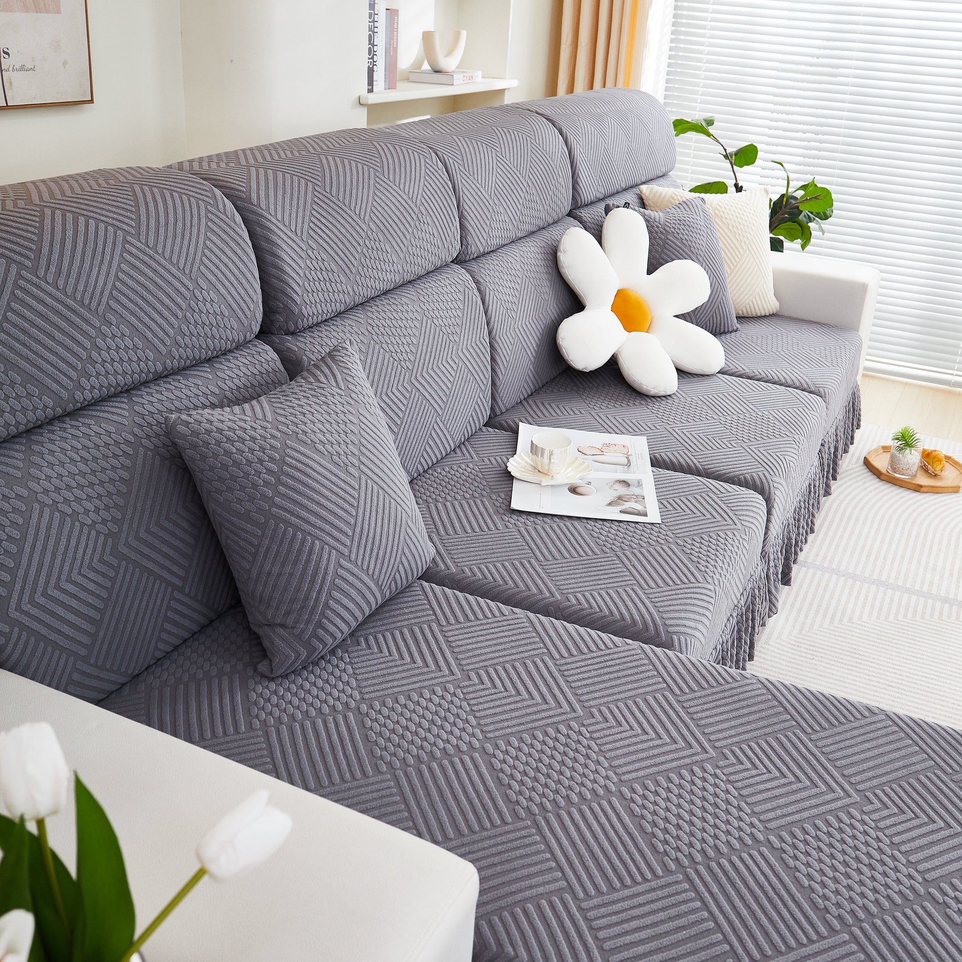 Stylish grey stretch sofa covers for 1/2/3/4/L seater sofas and couches, featuring elegant patterns and a modern look.